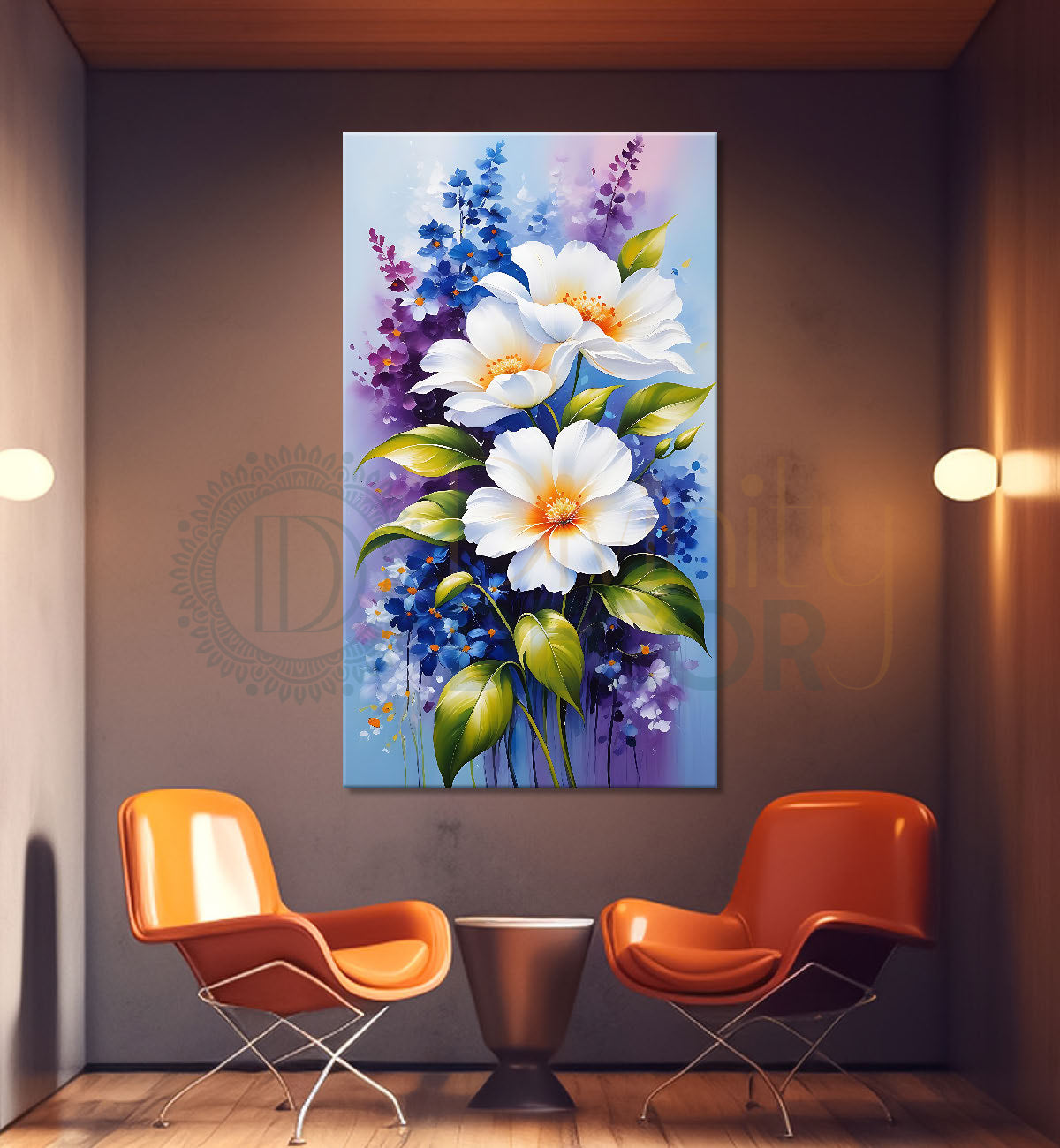 White flowers in sky blue textured painting - Flower-V-498
