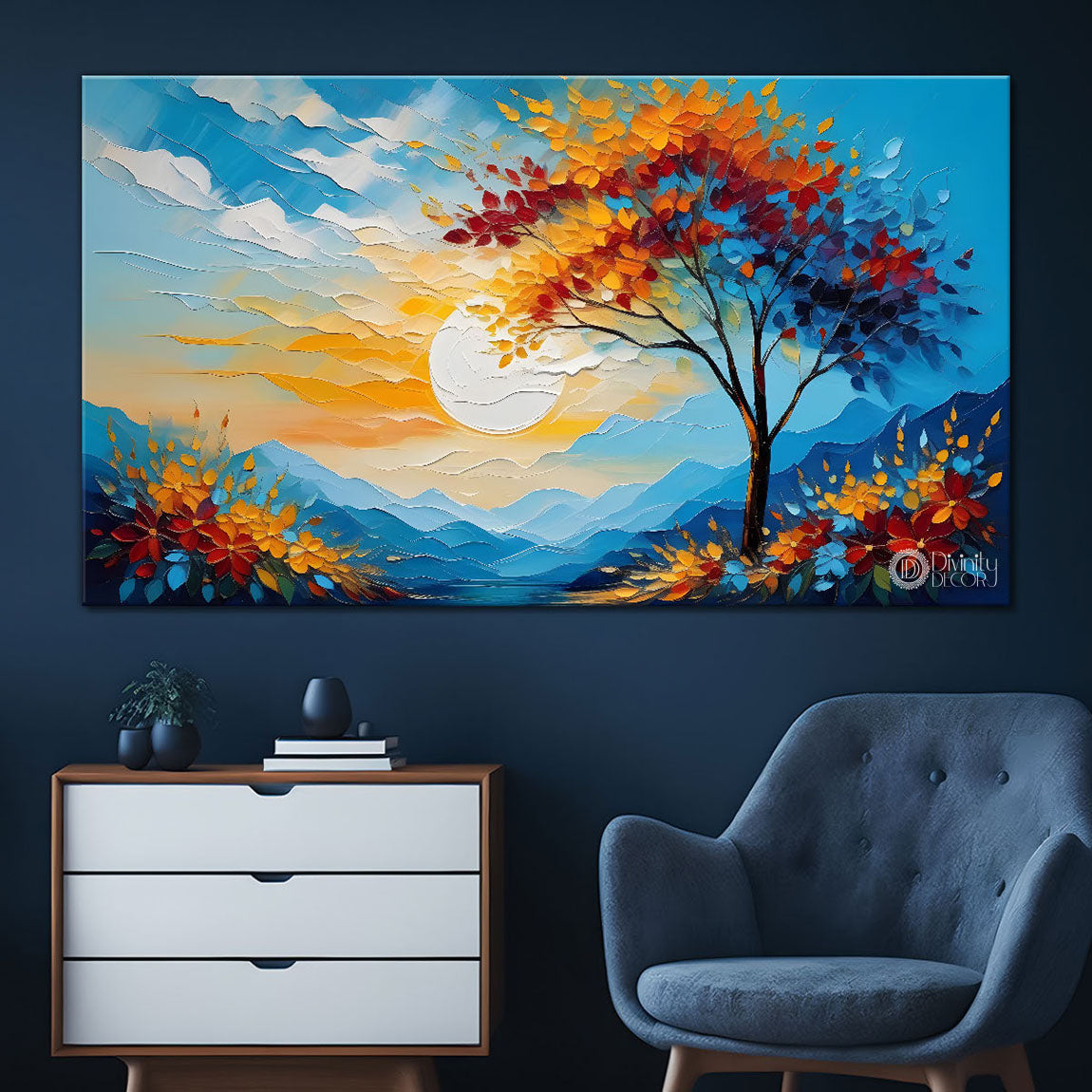 Mountains with orange tree painting Canvas Painting - Nature Art -499