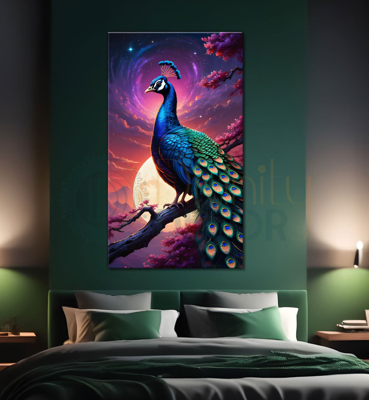 Peacock on branch in front of moon with purple background modern art painting  - Design - Peacock-V-49