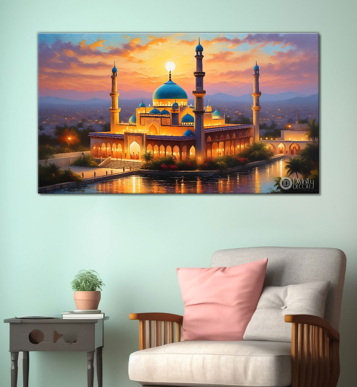 Beautiful Islamic mosque with sunset textured oil painting Canvas Painting - Islamic paintings - 50