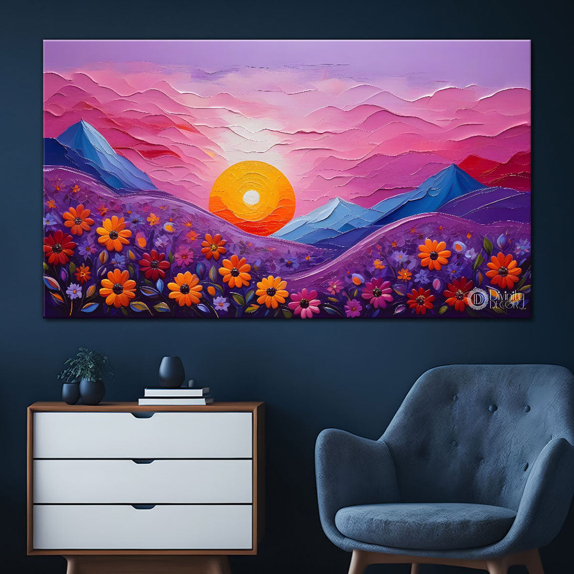 Mountains with pink sky painting Canvas Painting - Nature Art -501