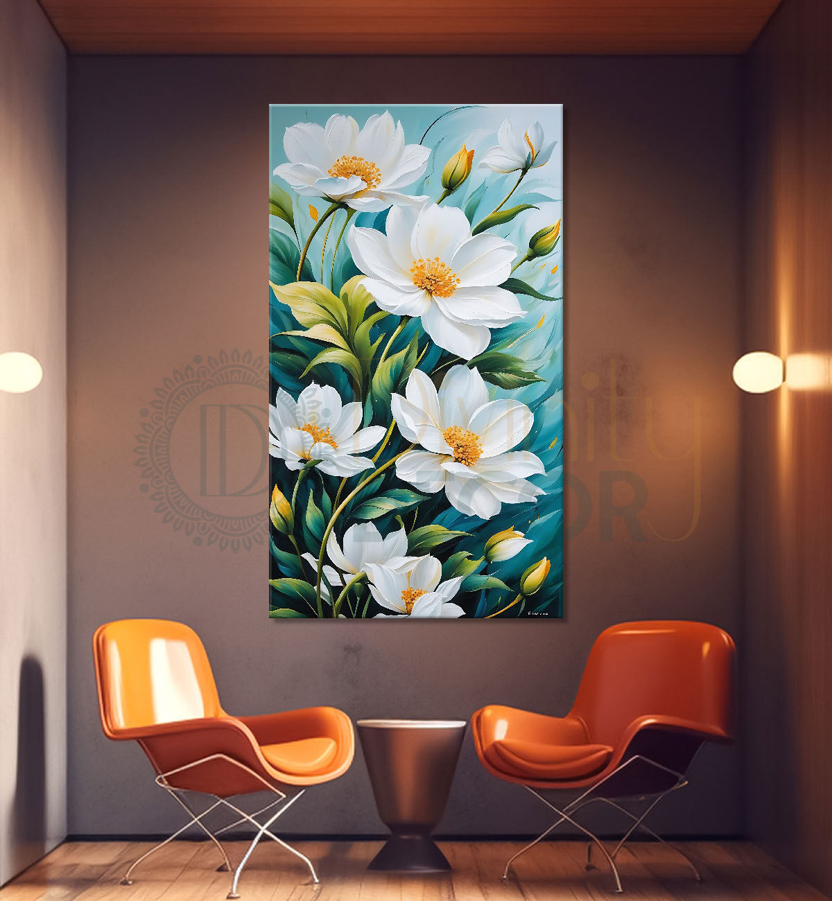 White flowers in sky blue textured painting - Flower-V-501
