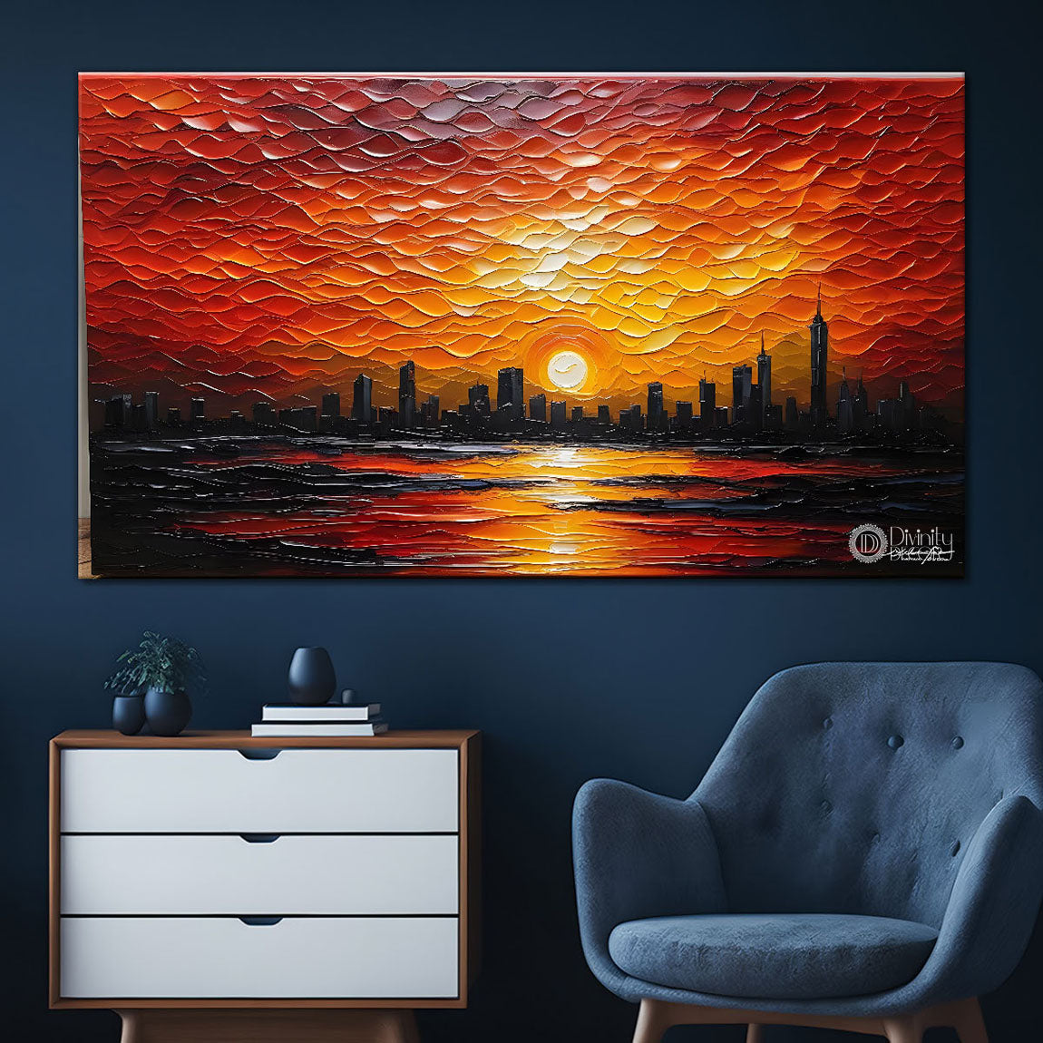 Sunset view in textured painting Canvas Painting - Nature Art -502