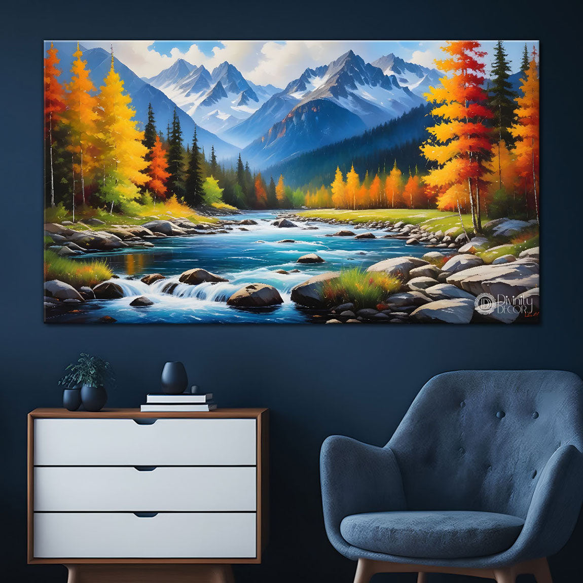Mountains with tree and river painting Canvas Painting - Nature Art -503