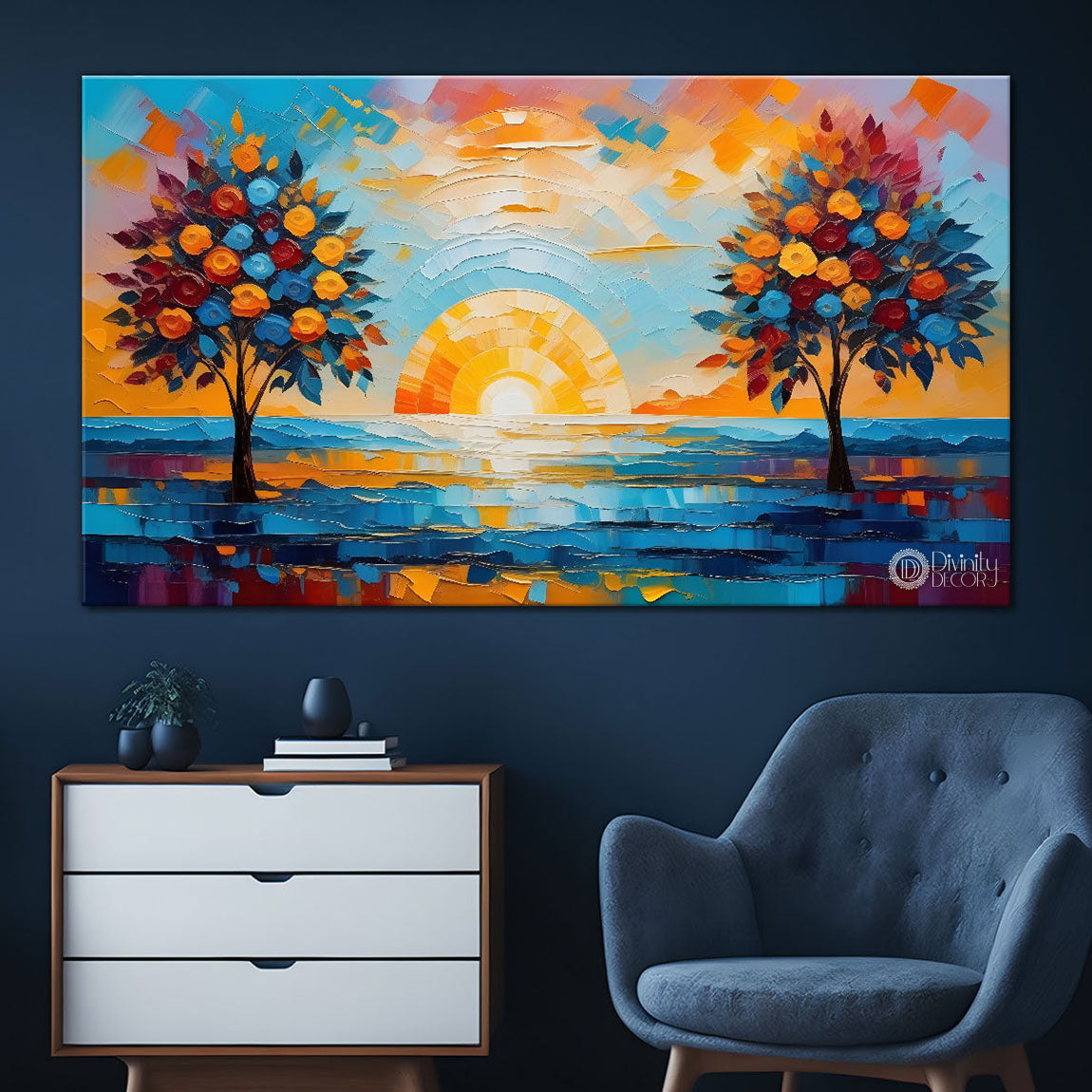 Colorful trees and river painting Canvas Painting - Nature Art -504