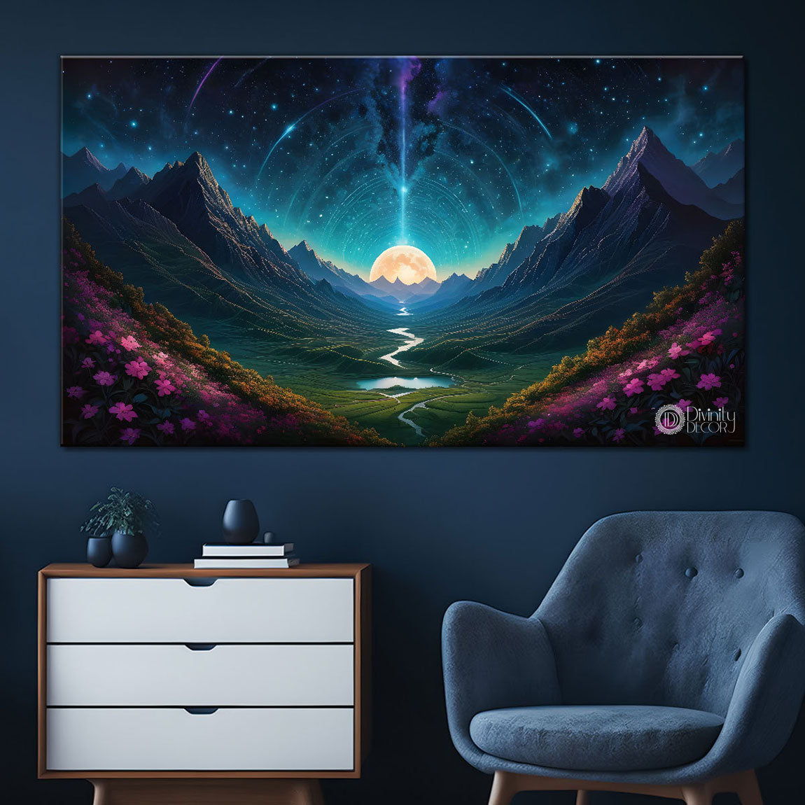 Mountains with purple flowers in night textured painting Canvas Painting - Nature Art -505