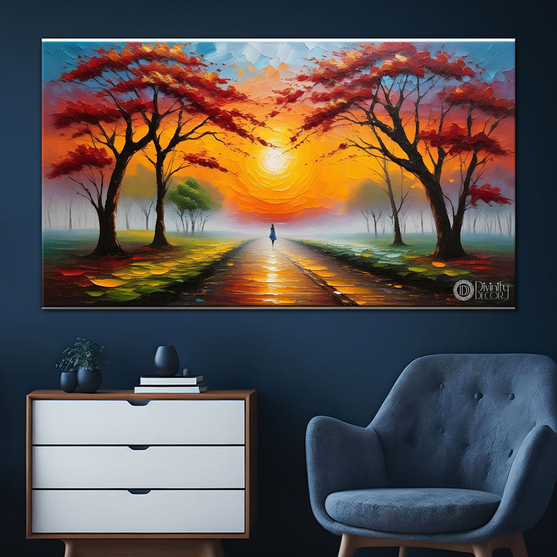 Orange flowers and sun textured painting Canvas Painting - Nature Art -506