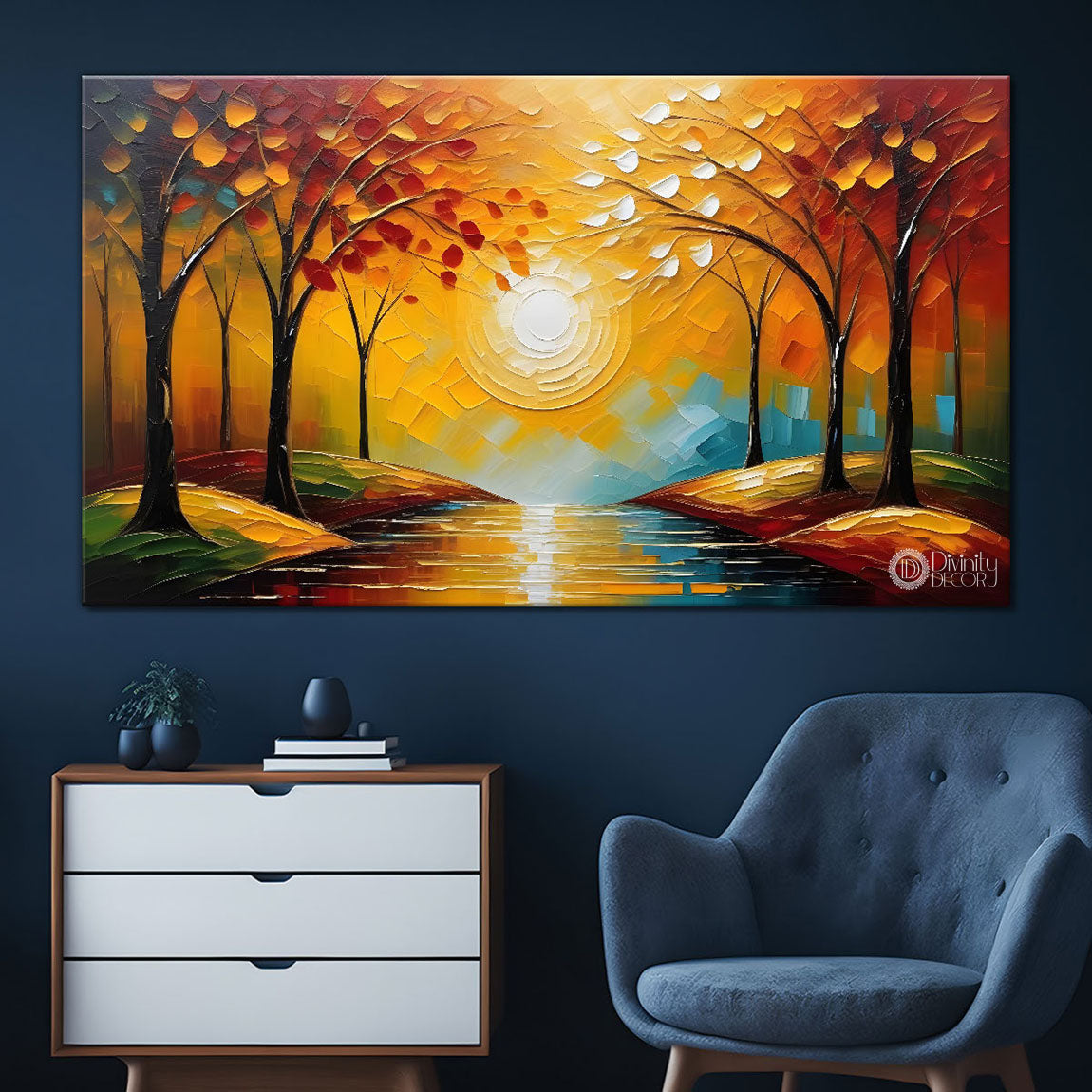 Orange flowers and sun textured painting Canvas Painting - Nature Art -507