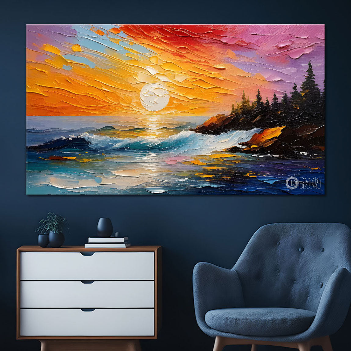 Sea with trees and sunrise painting Canvas Painting - Nature Art -508