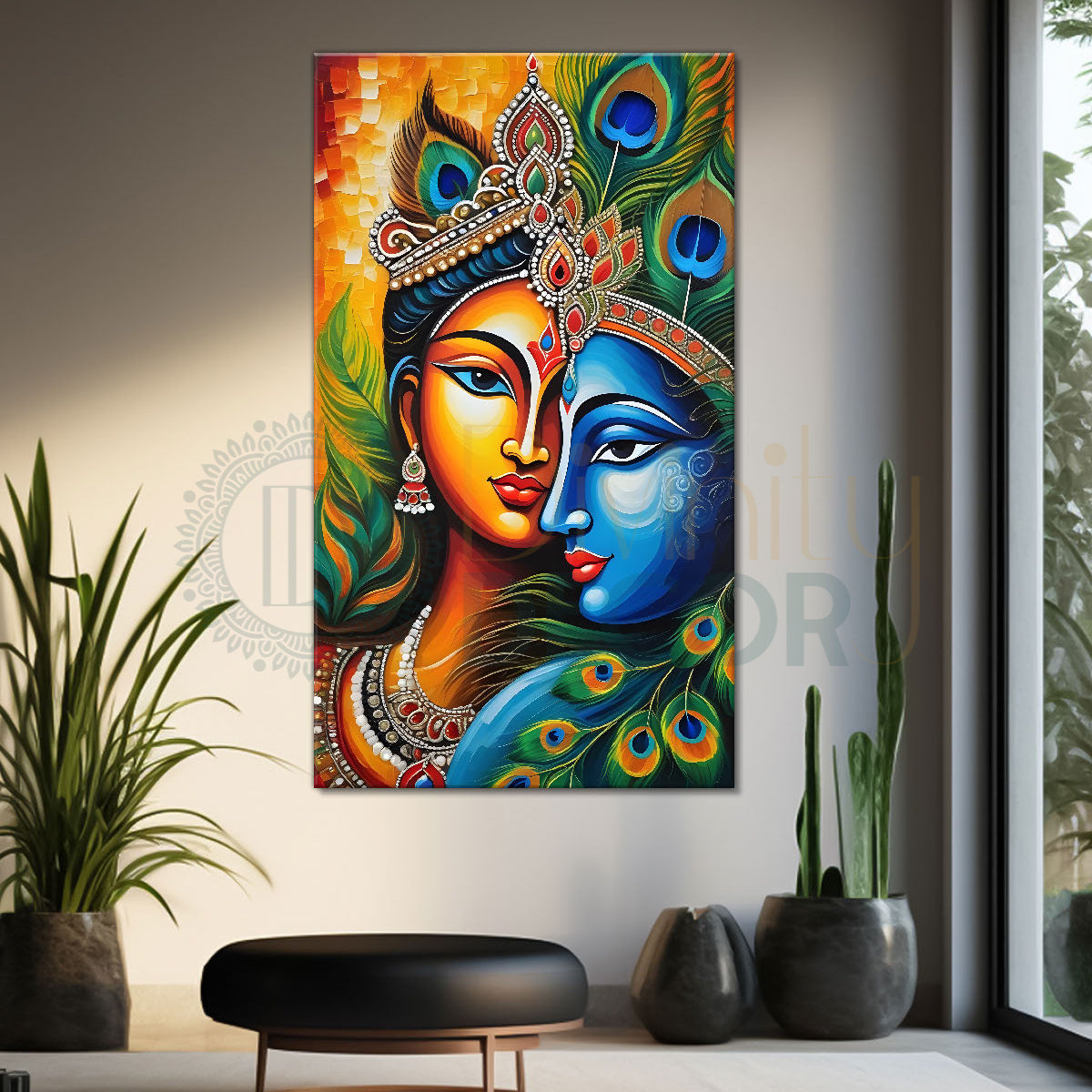 Blue face of krishna with radha in orange background textured art Canv ...