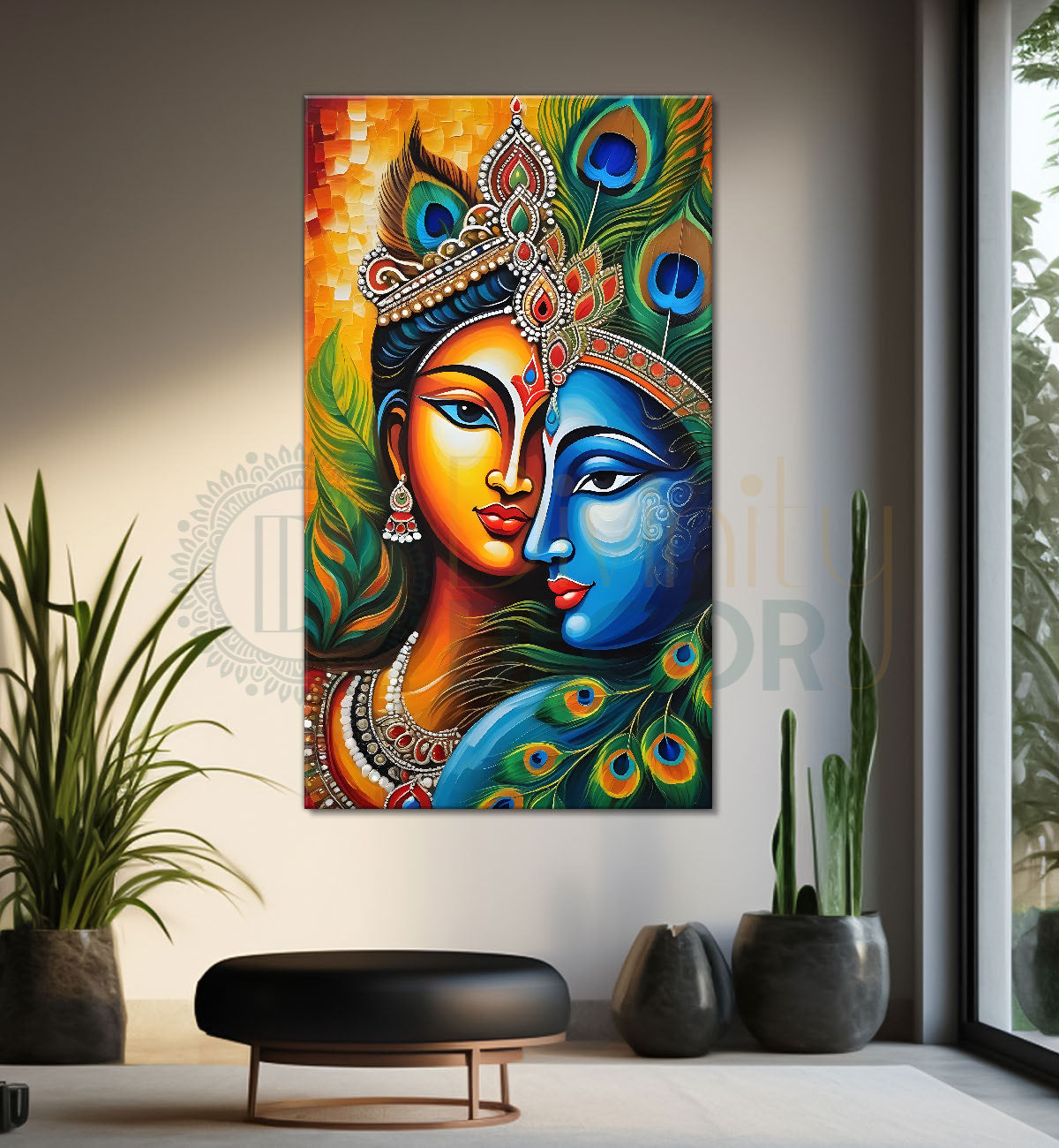 Blue face of krishna with radha in orange background textured art Canvas Painting - Design - Krishna-V-50