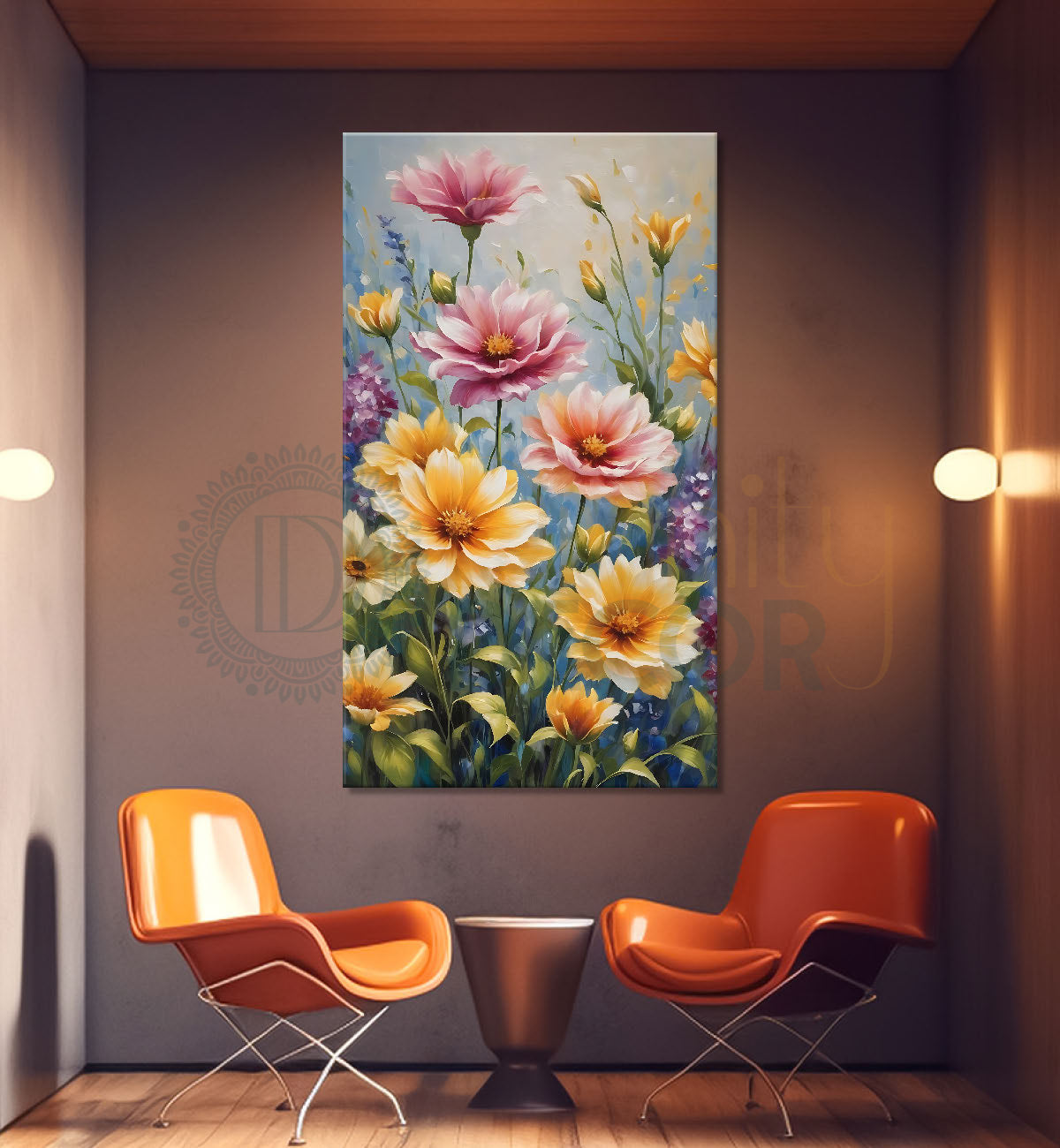 Pink and yellow flowers in grey textured background - Flower-V-510