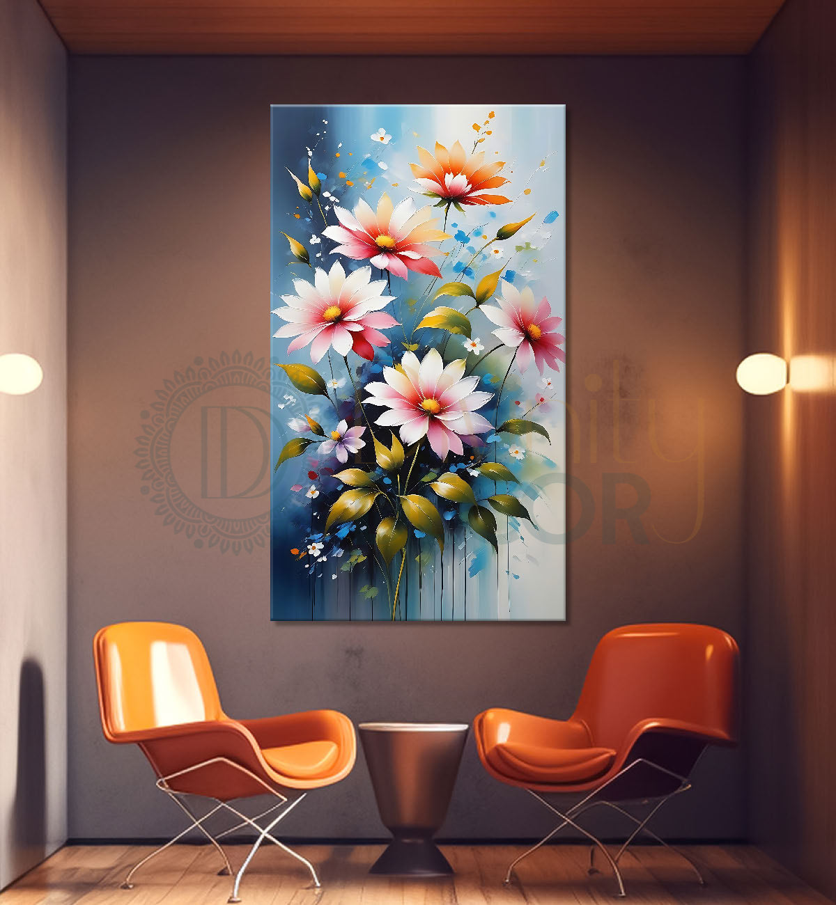 Pink flowers in sky blue textured background painting - Flower-V-511