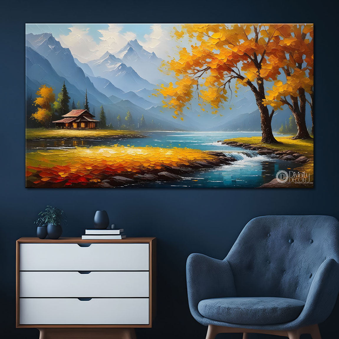 Yellow tree with moon and lake painting Canvas Painting - Nature Art -512