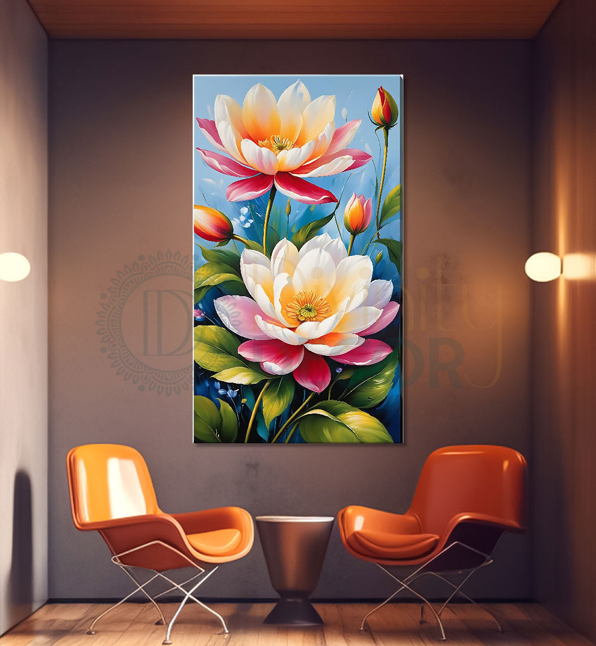 Lotuses in sky blue background art - Flower-V-512