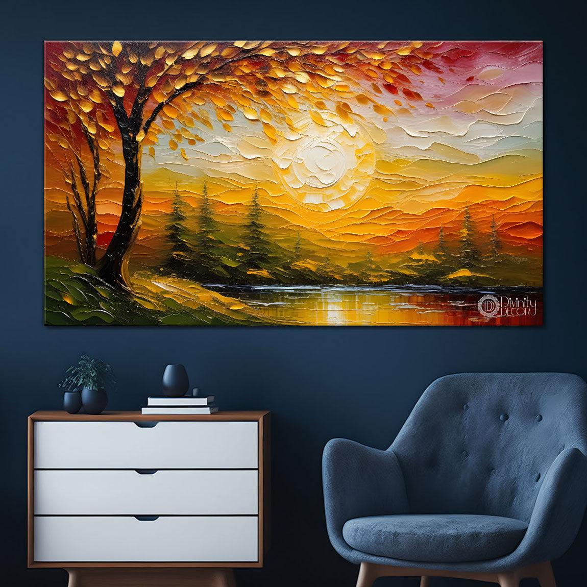 Colorful trees with sun painting Canvas Painting - Nature Art -513