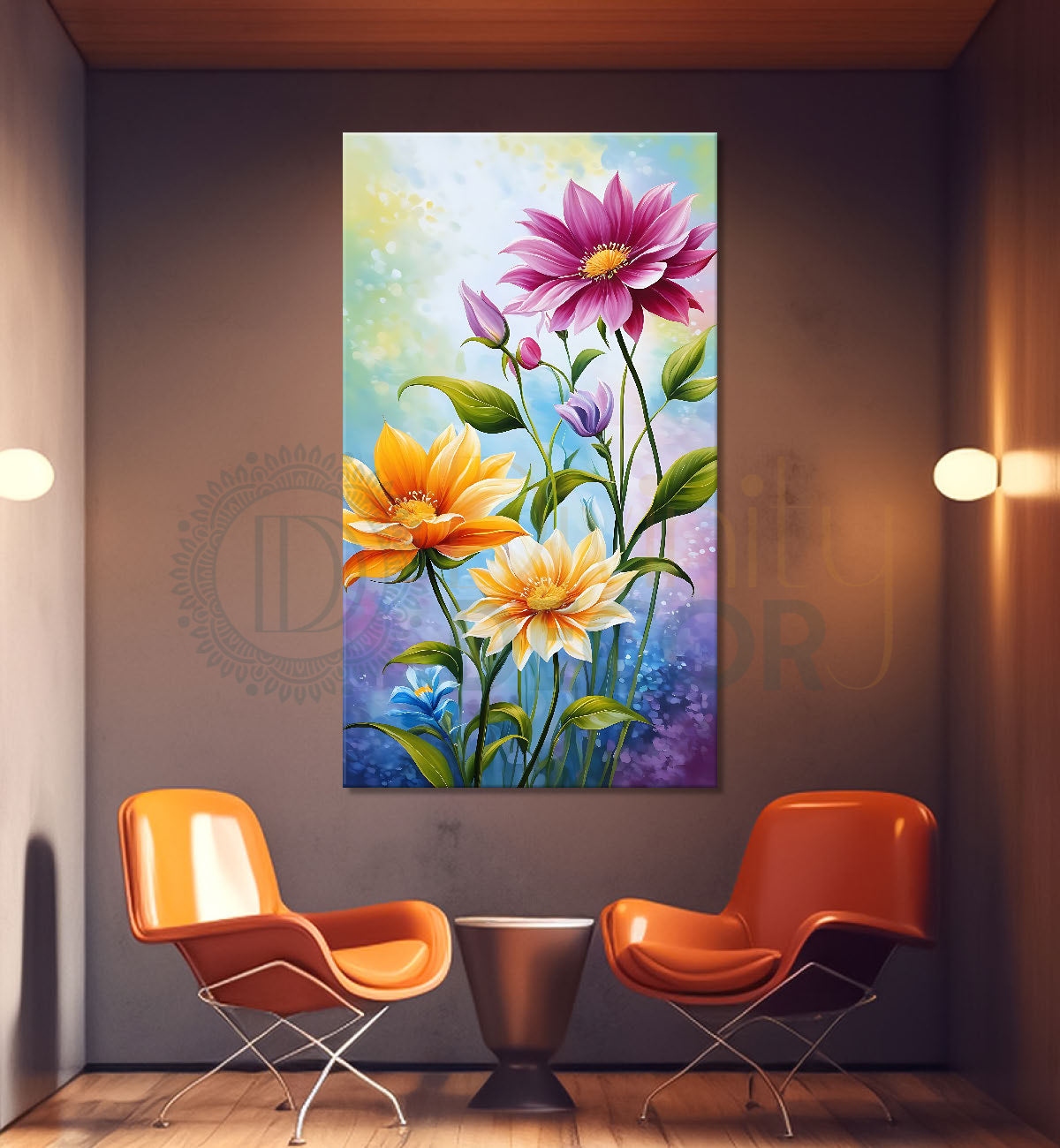 Pink and yellow flowers in colourful textured background - Flower-V-514