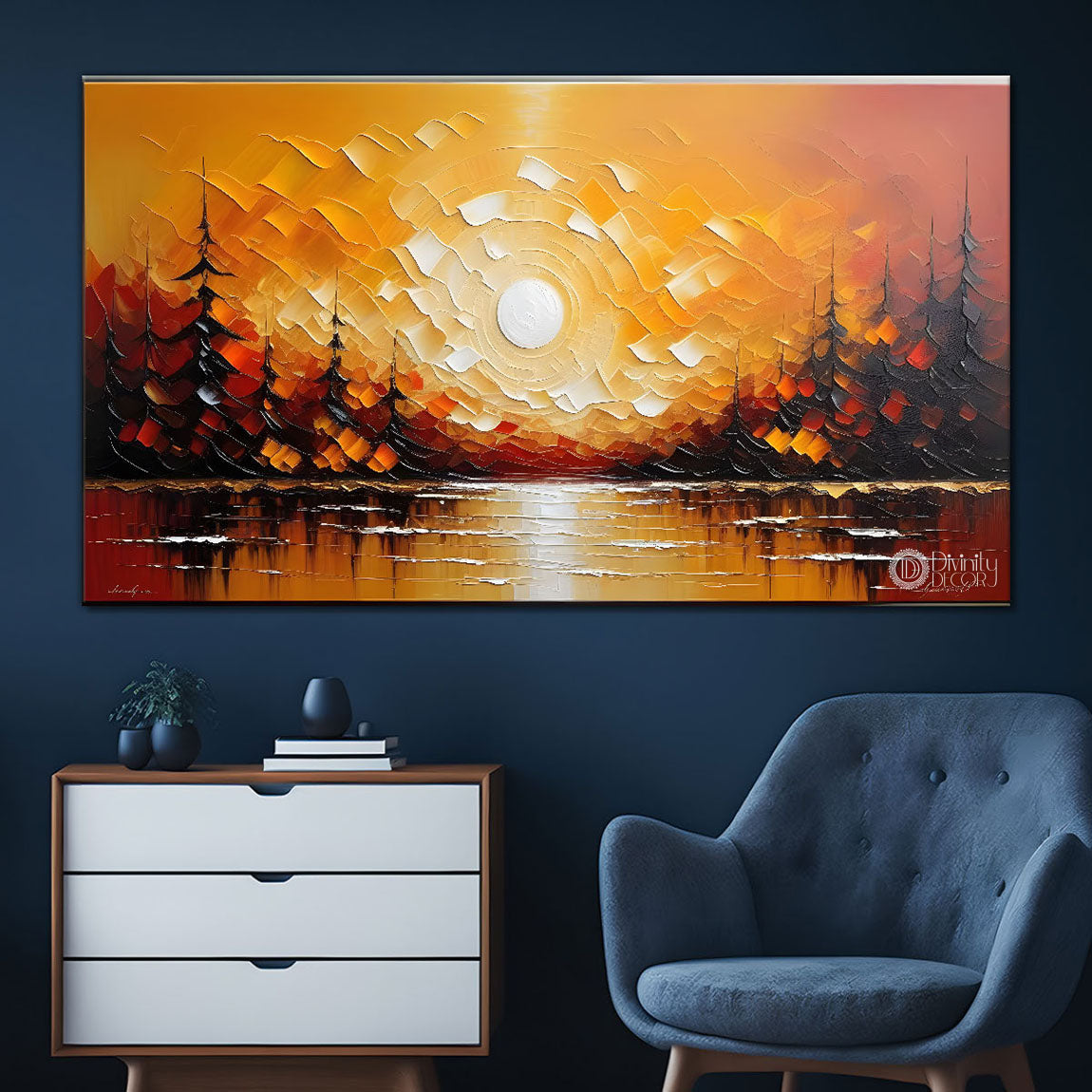 Sun with tree textured painting Canvas Painting - Nature Art -516