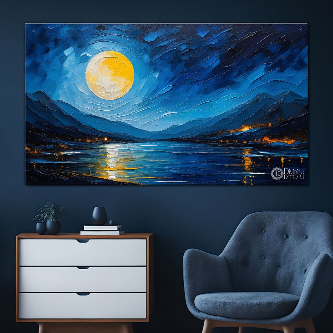 Mountains with the river and moon painting Canvas Painting - Nature Art -519