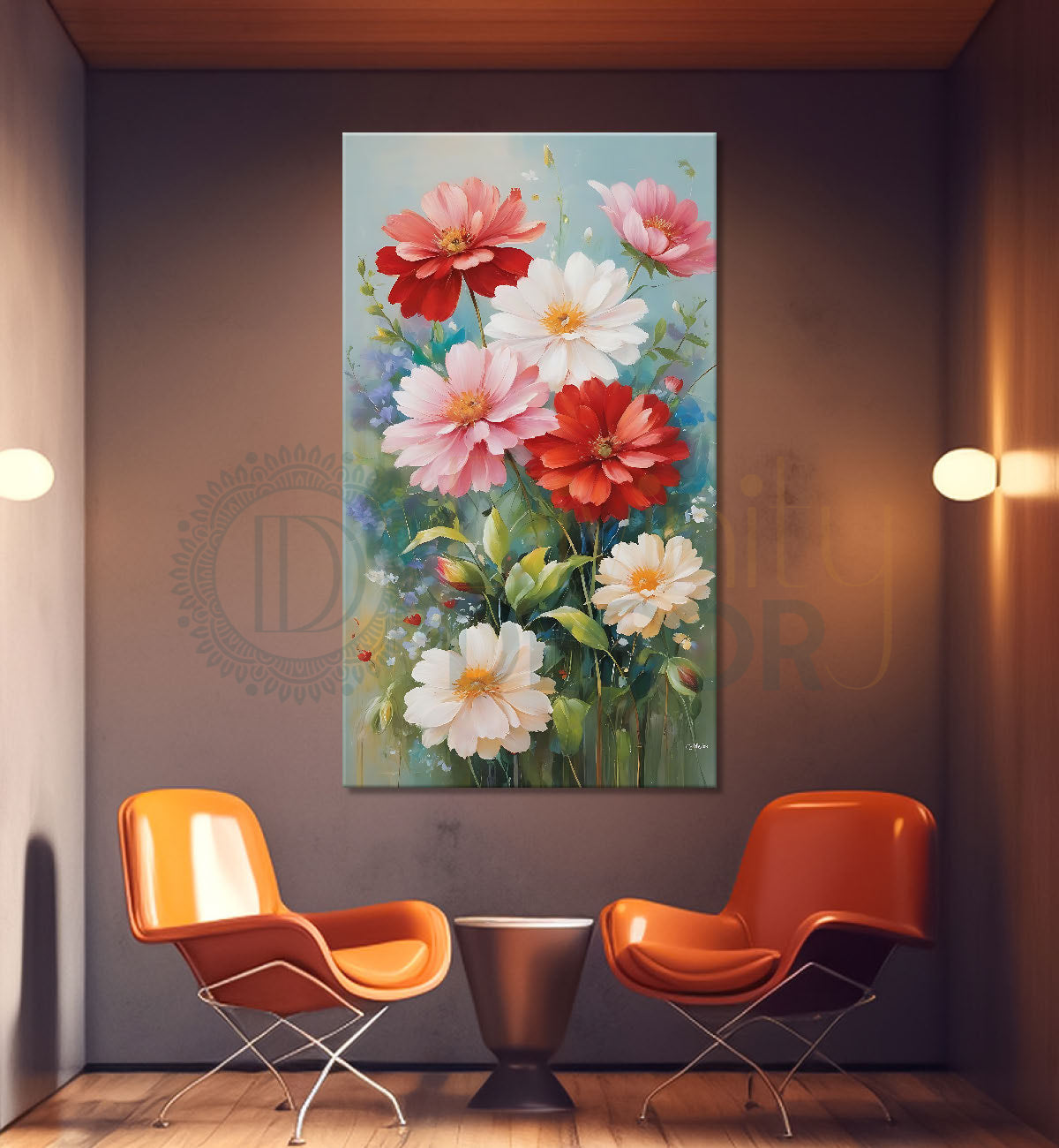Pink flowers in grey textured painting- Flower-V-519