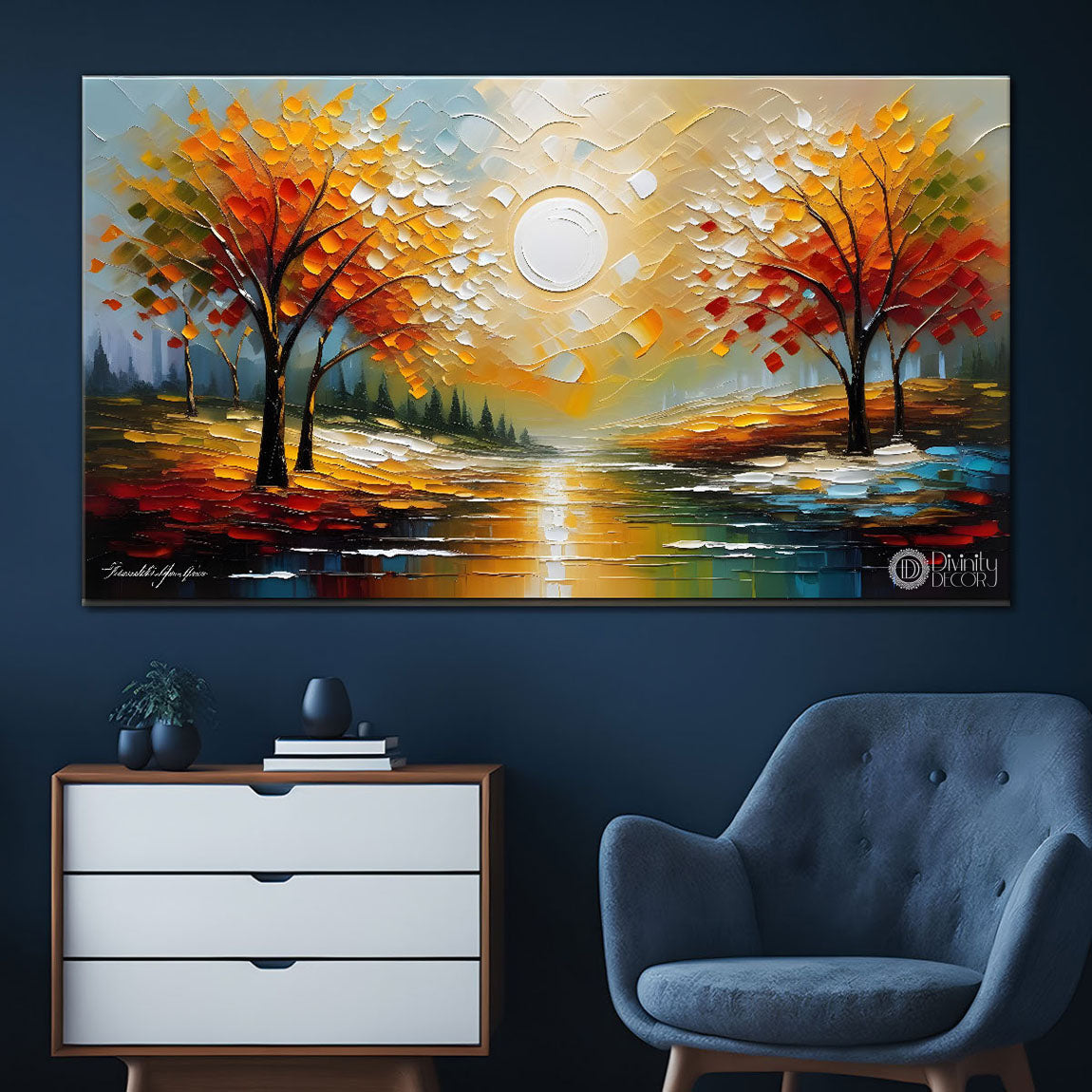 Orange trees with lake painting Canvas Painting - Nature Art -522