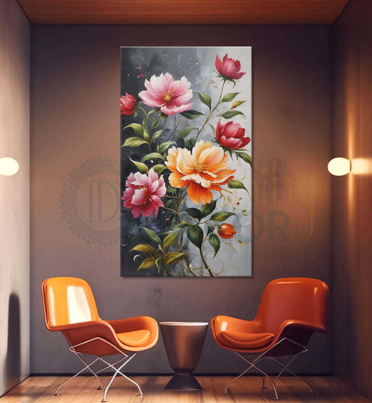 Pink flowers in grey textured painting- Flower-V-524