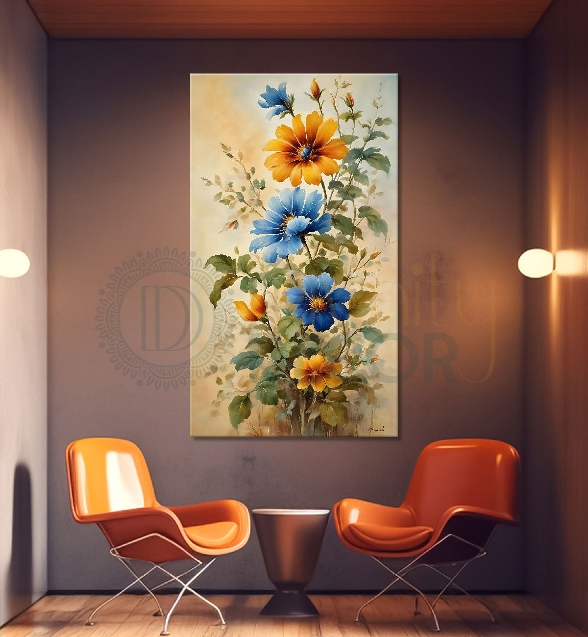 Yellow and blue flowers in light textured art - Flower-V-525