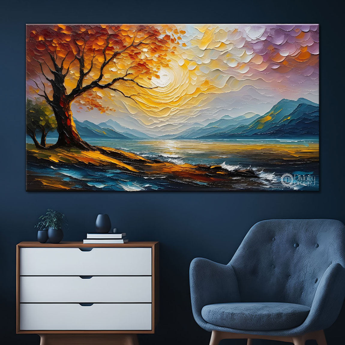 Pink tree with sun textured painting Canvas Painting - Nature Art -526