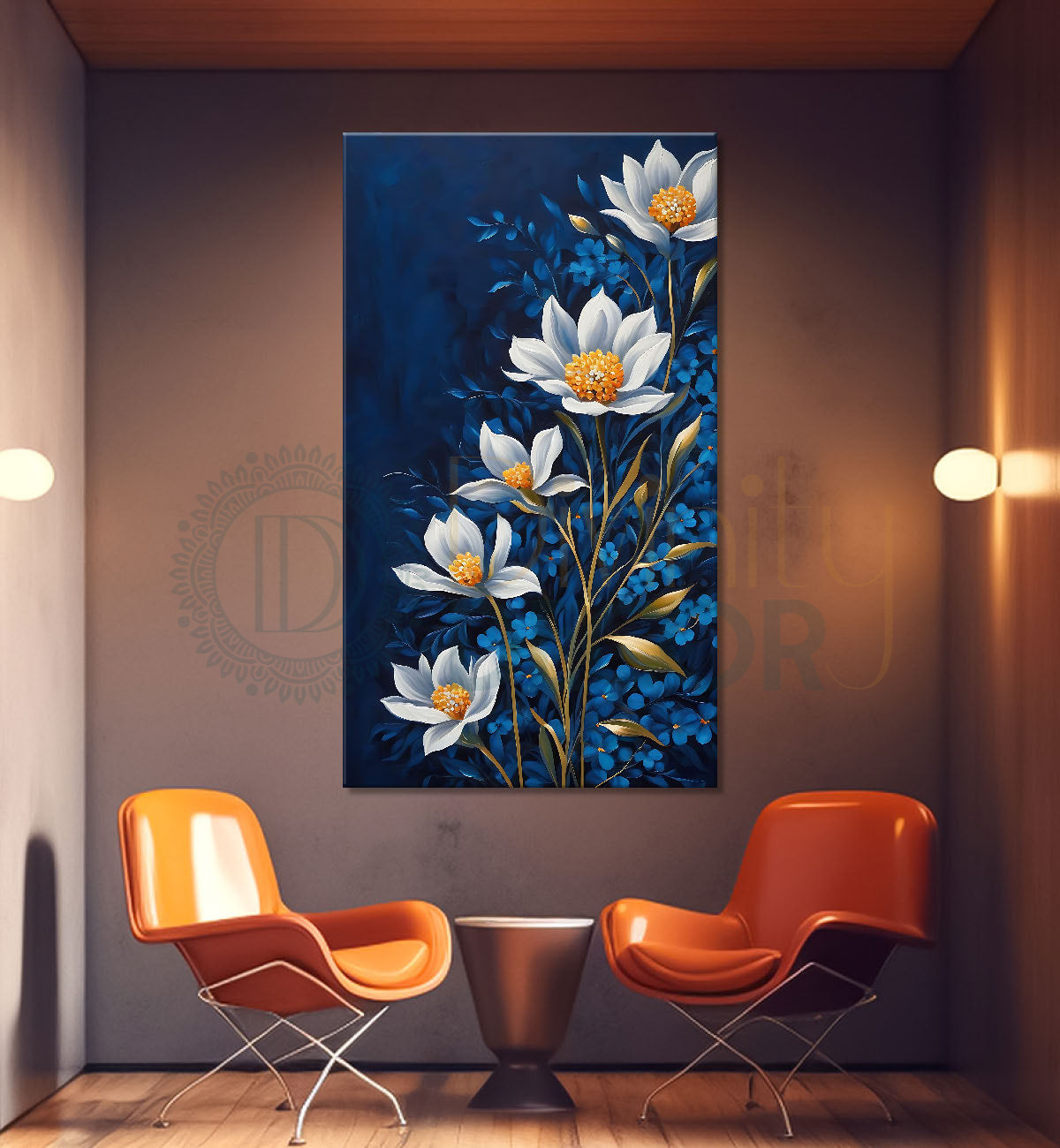 White flowers in navy blue background painting - Flower-V-526