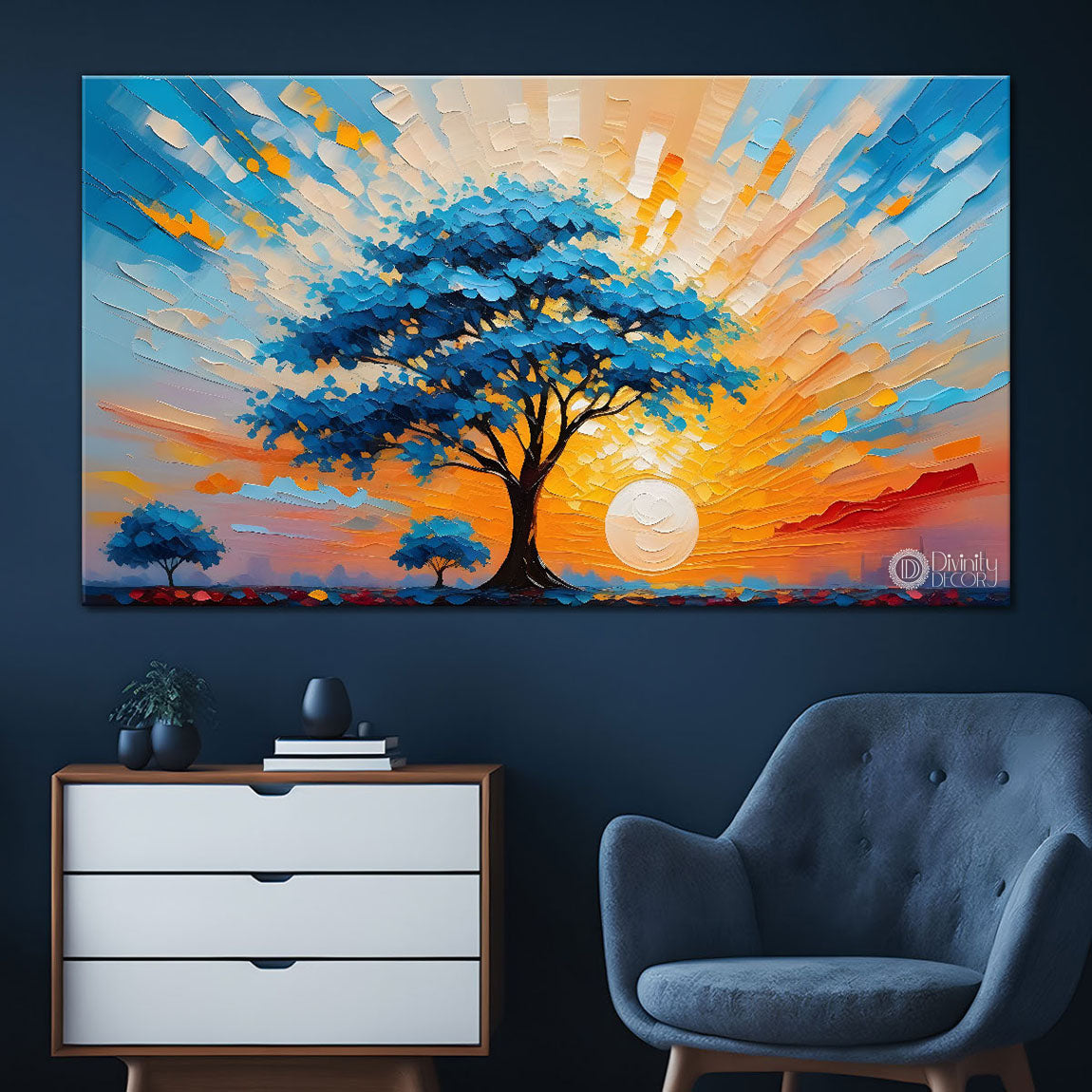 Blue tree with sun textured painting Canvas Painting - Nature Art -527