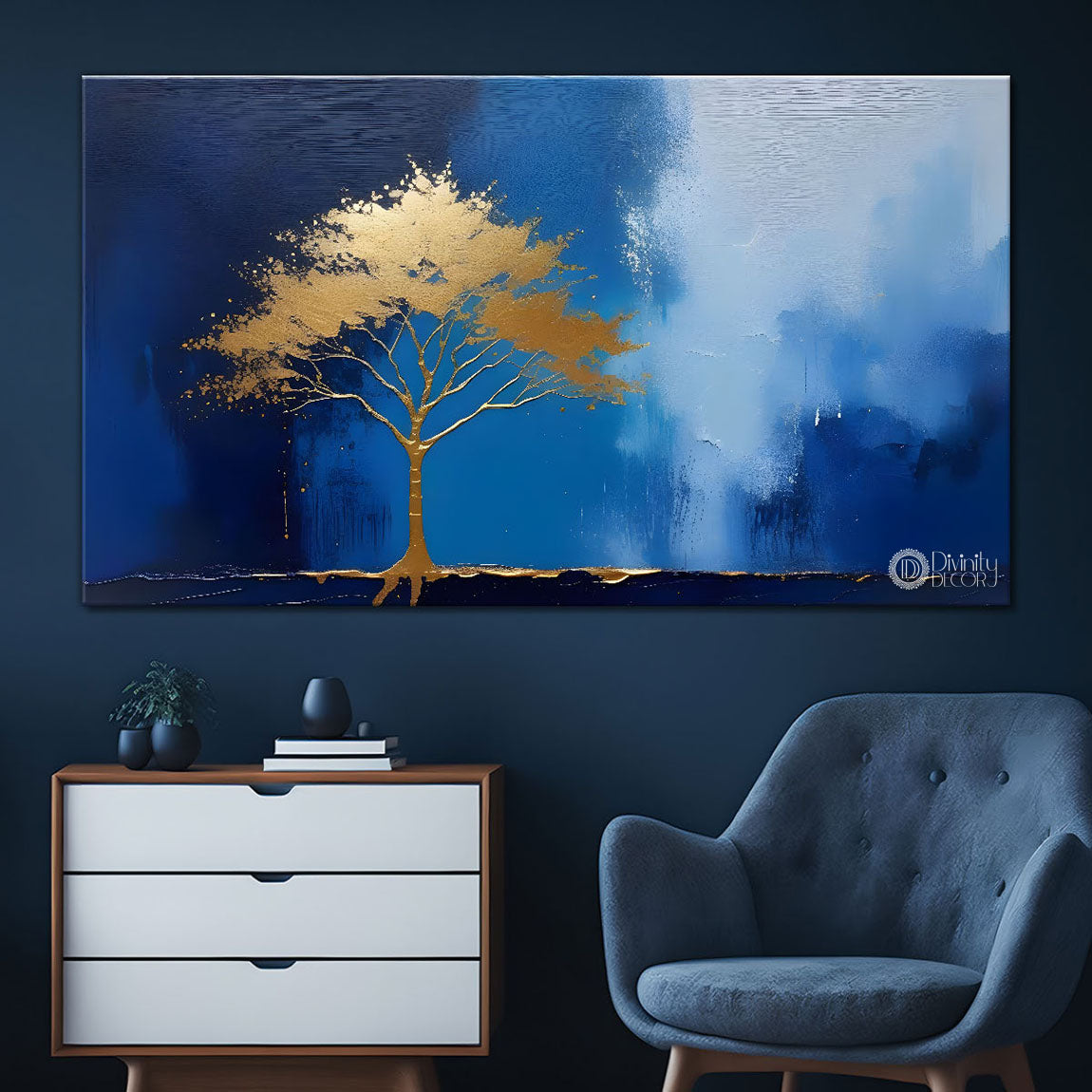 Golden tree in blue textured painting Canvas Painting - Nature Art -528