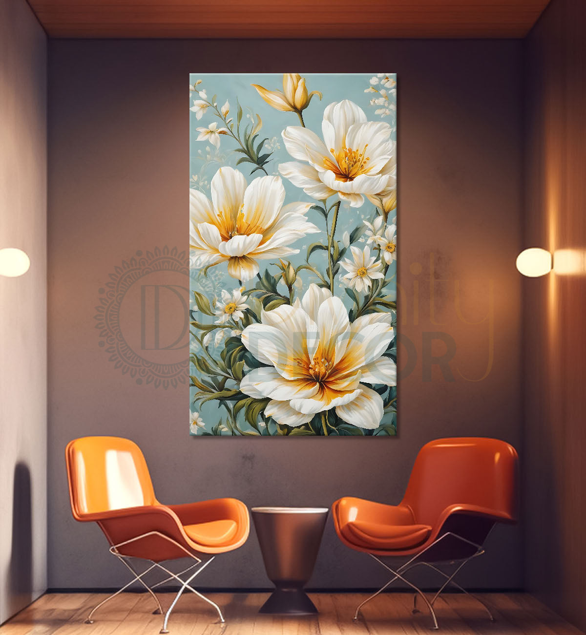 White flowers in sky blue textured art - Flower-V-528