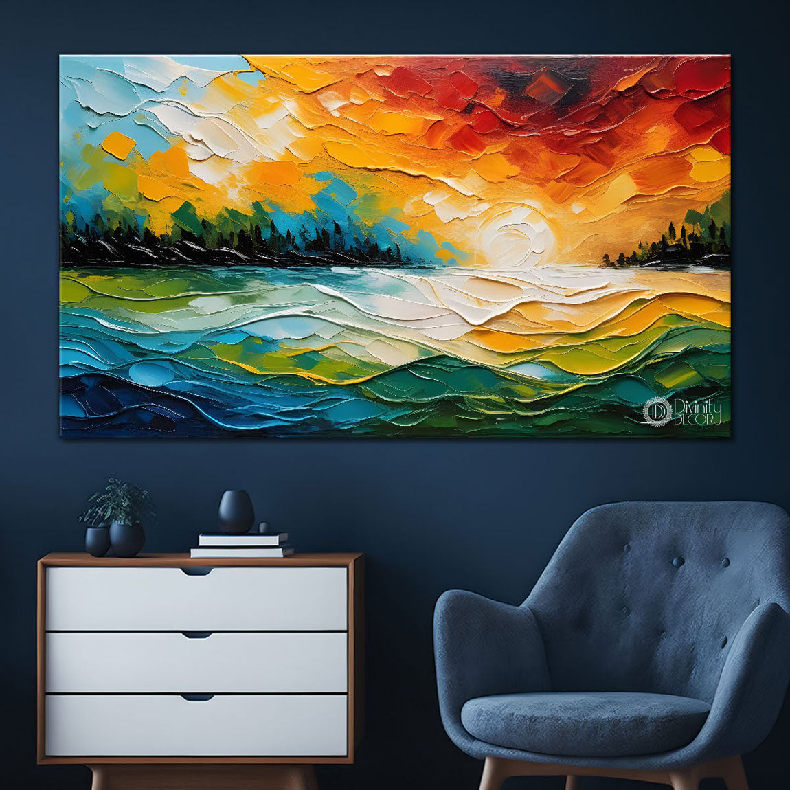 Colorful sky with sun textured painting Canvas Painting - Nature Art -529