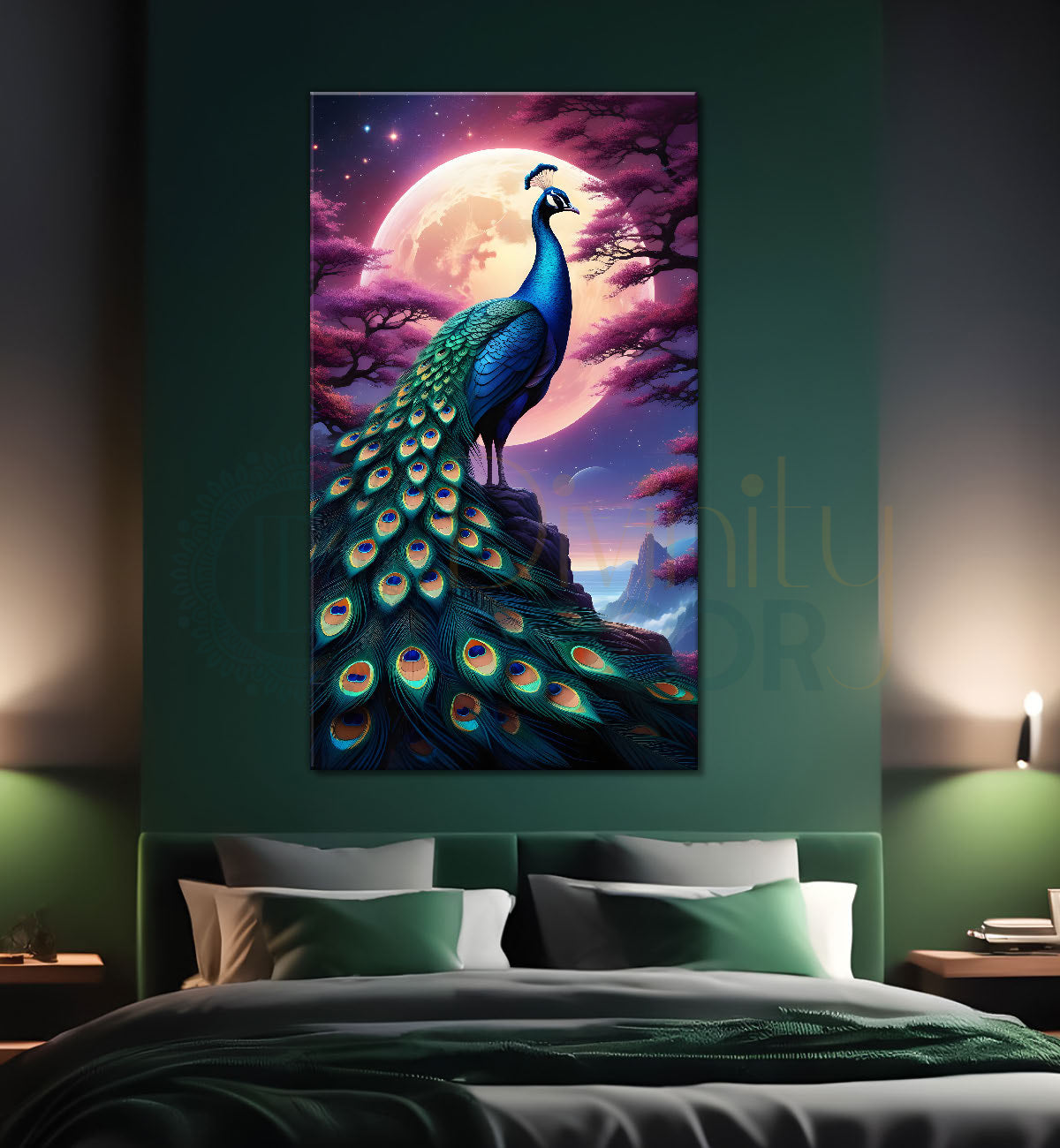 Peacock in front of moon with purple background modern art painting  - Design - Peacock-V-52