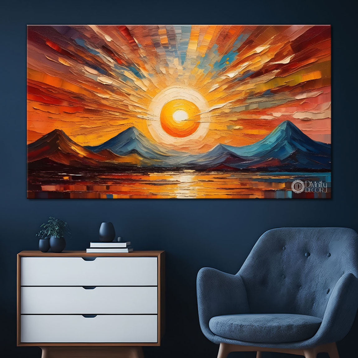 Mountains with sun textured painting Canvas Painting - Nature Art -531