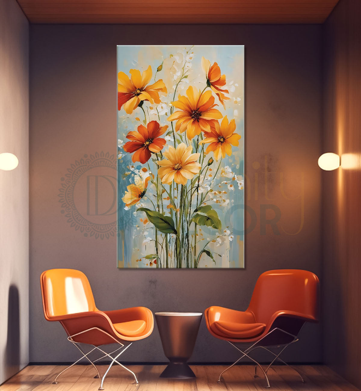 Yellow flowers in grey textured background painting - Flower-V-532
