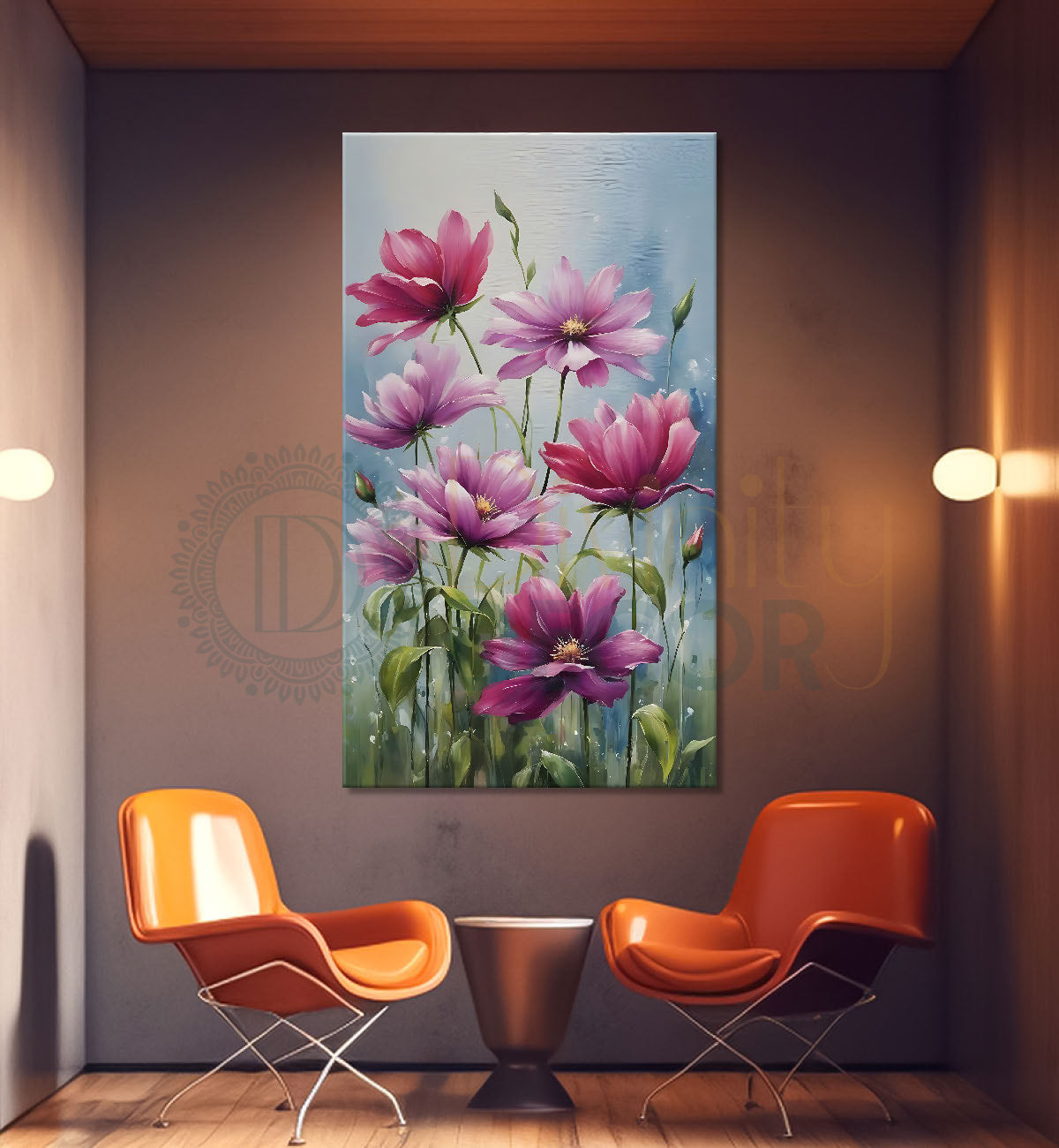 Pink flower in grey textured painting- Flower-V-533