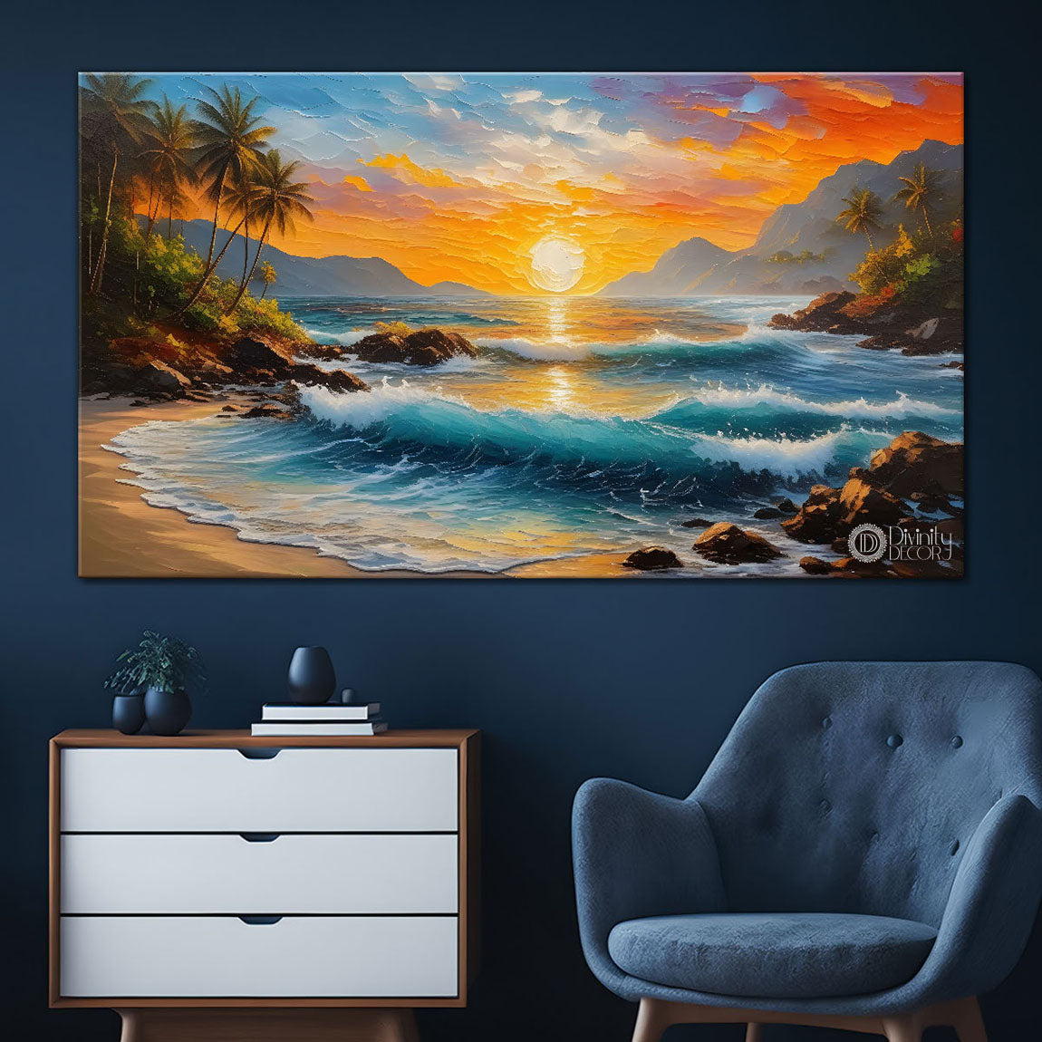 Sea with beach and sunrise painting Canvas Painting - Nature Art -535