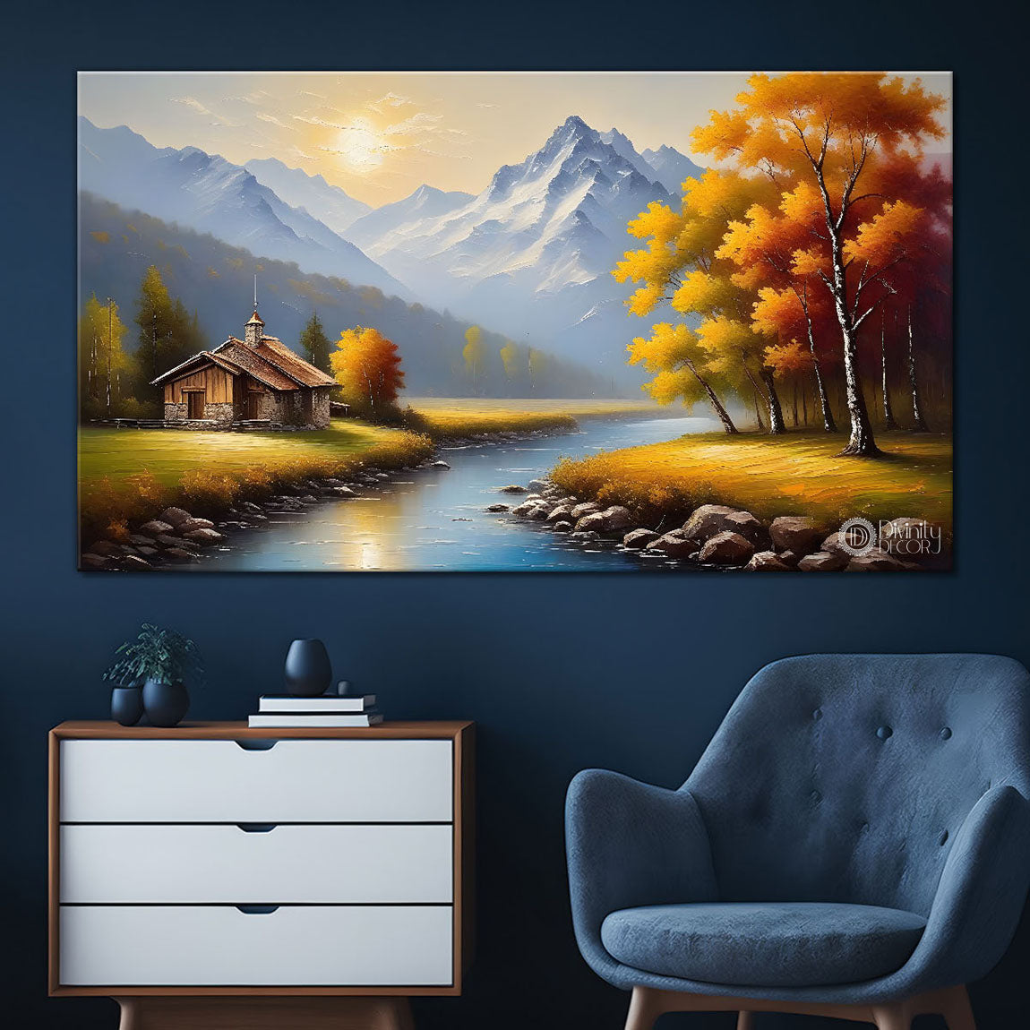 Mountains with orange tree painting Canvas Painting - Nature Art -536