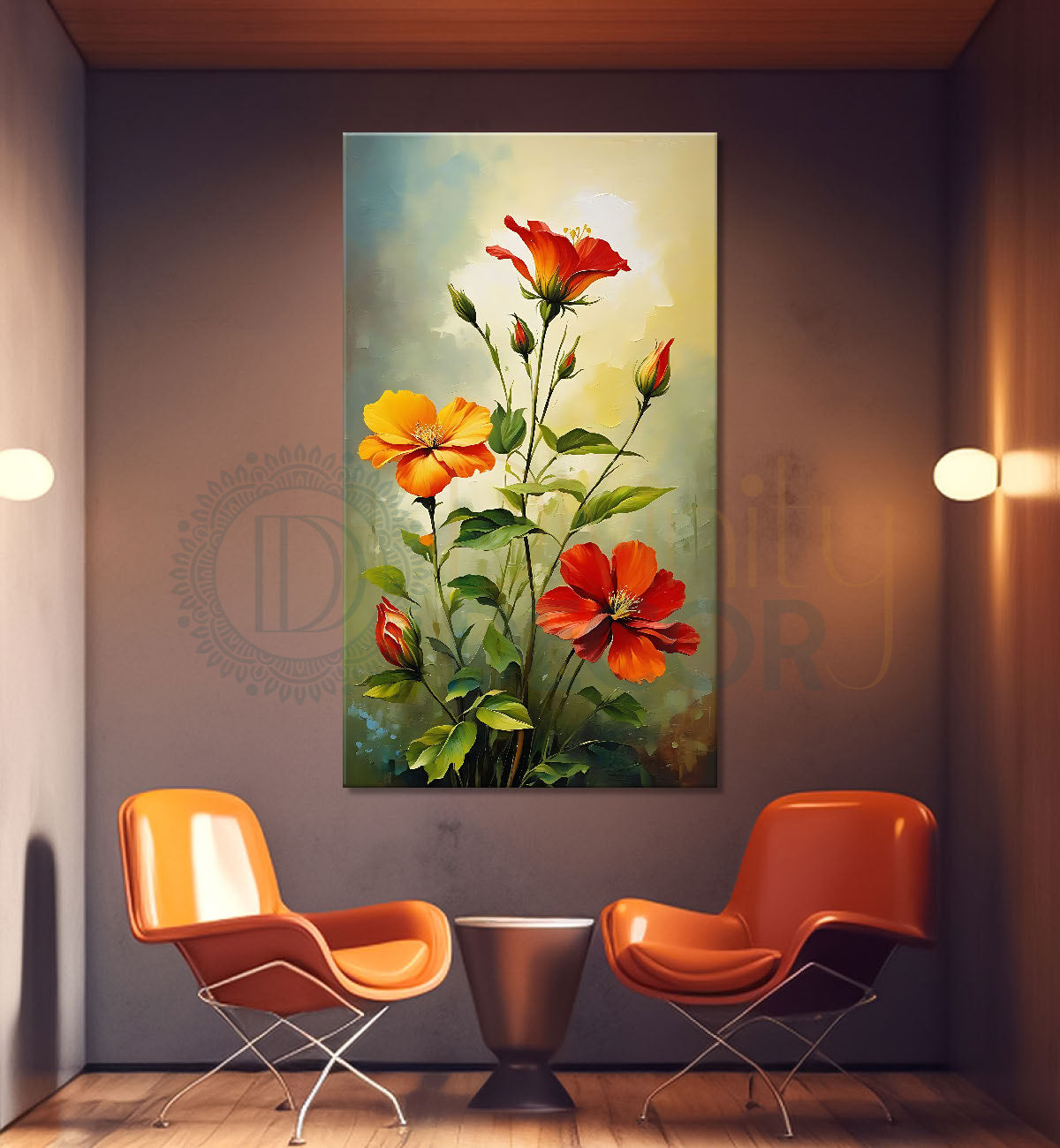 Yellow and red flowers in light textured painting - Flower-V-536