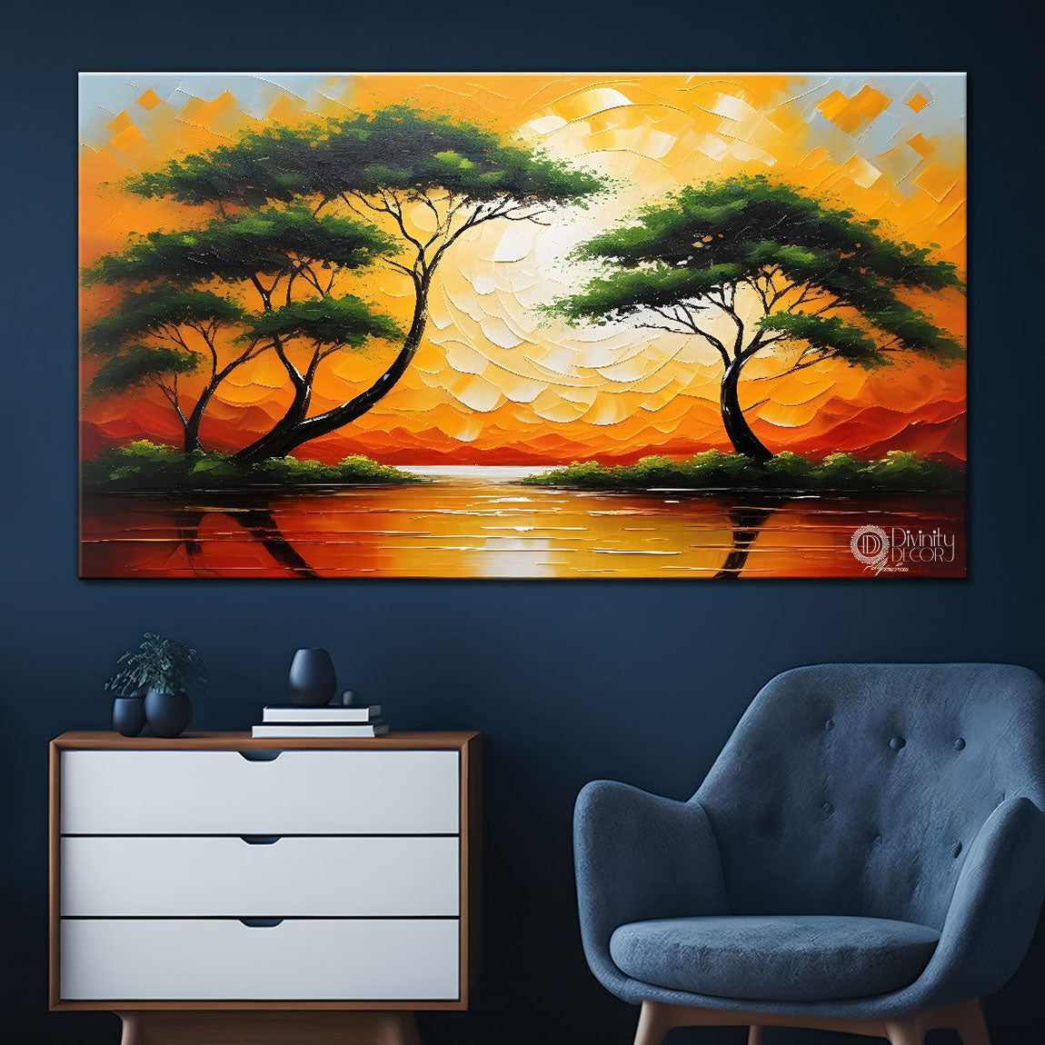 Trees with sunset painting Canvas Painting - Nature Art -537