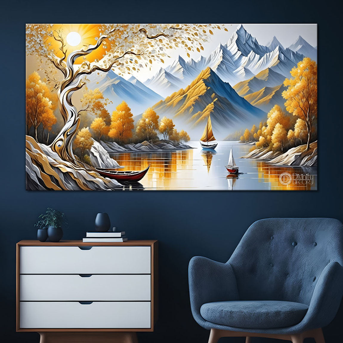 Mountains with tree and river painting Canvas Painting - Nature Art -538