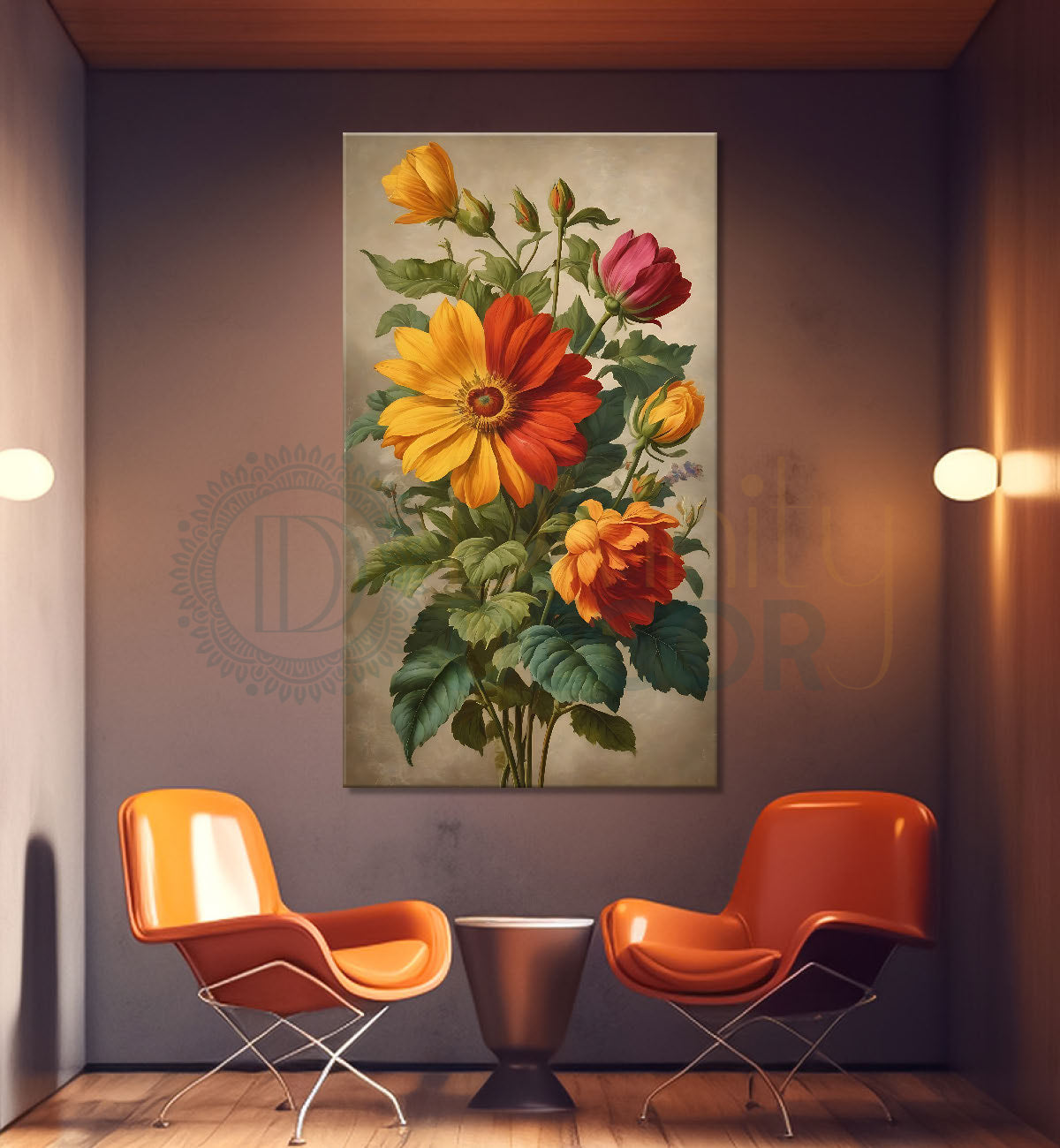 Yellow and red flowers in light textured painting - Flower-V-538