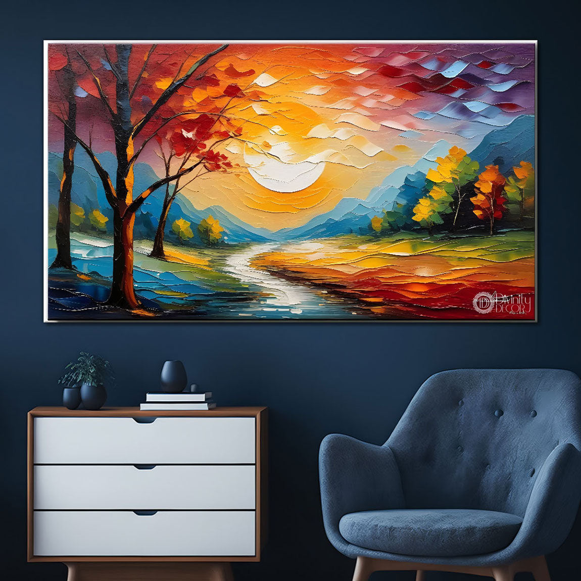 Colorful tree with sun and lake painting Canvas Painting - Nature Art -539