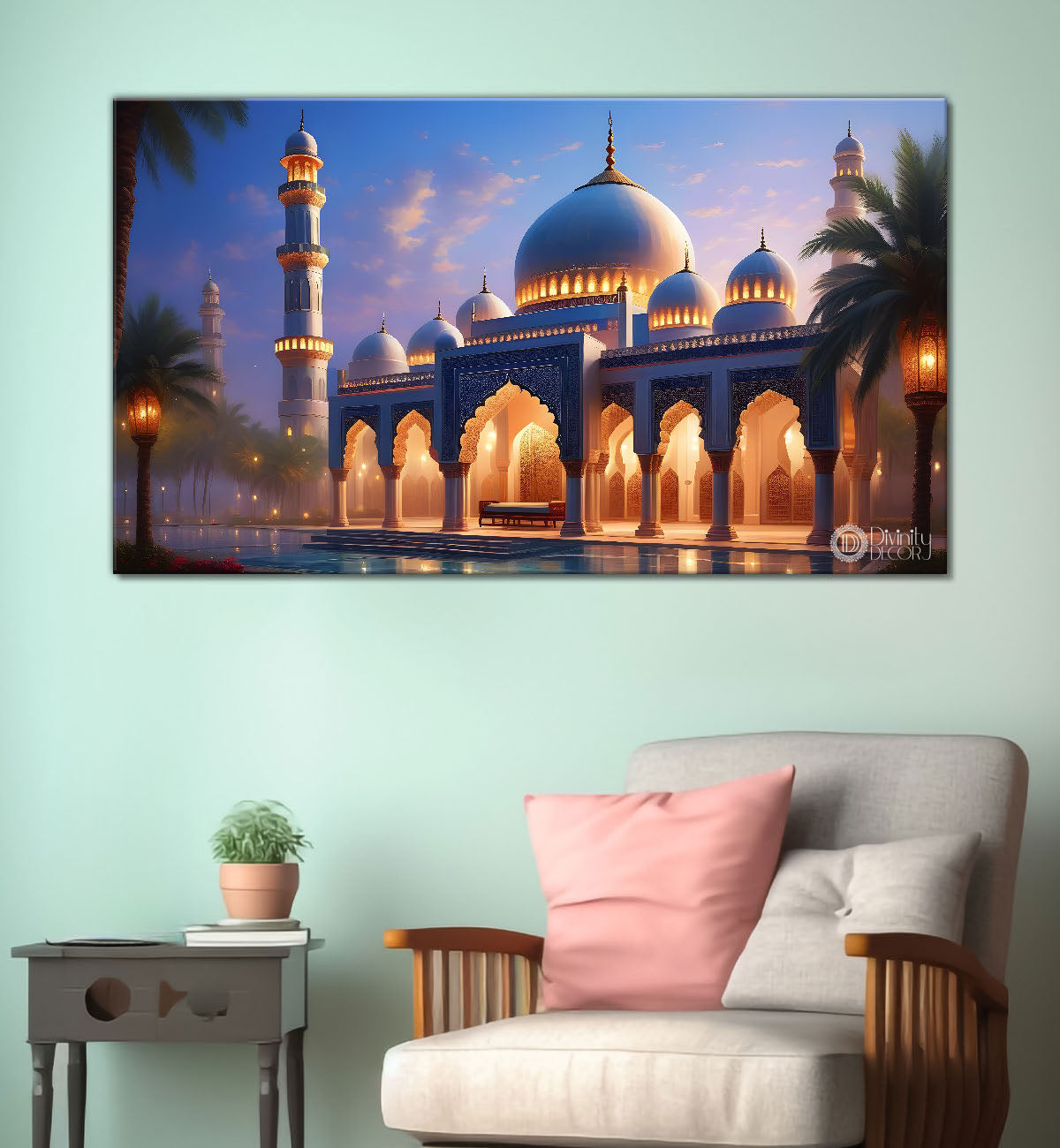 beautiful Islamic mosque with sunset textured oil painting Canvas Painting - Islamic paintings - 54