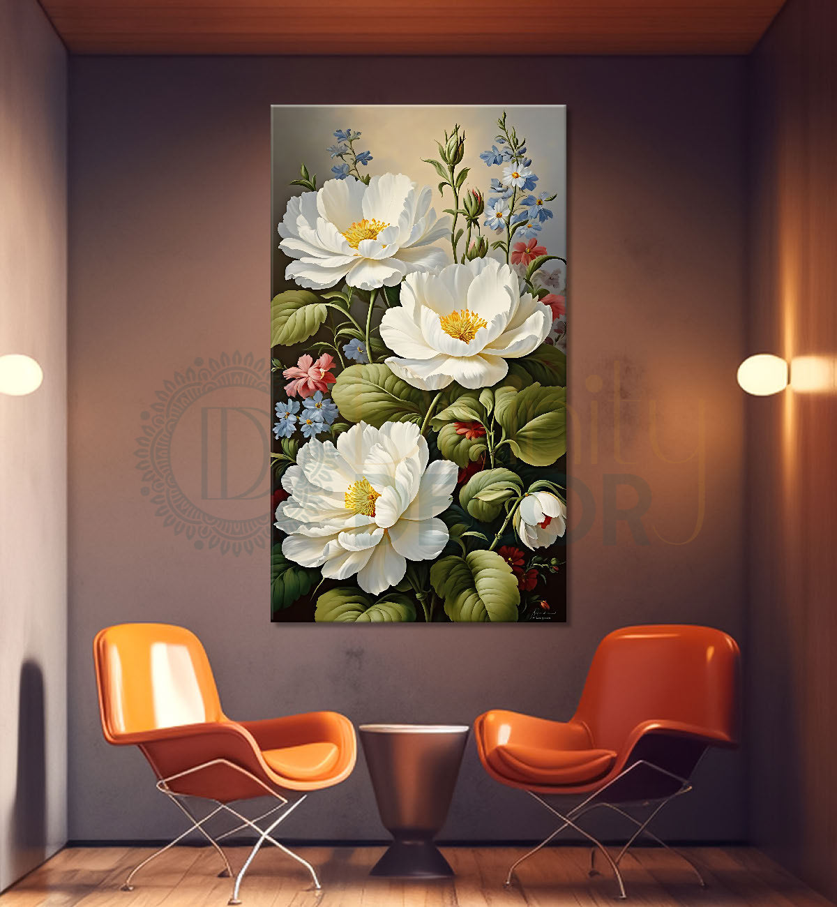 White flowers in grey textured painting - Flower-V-542