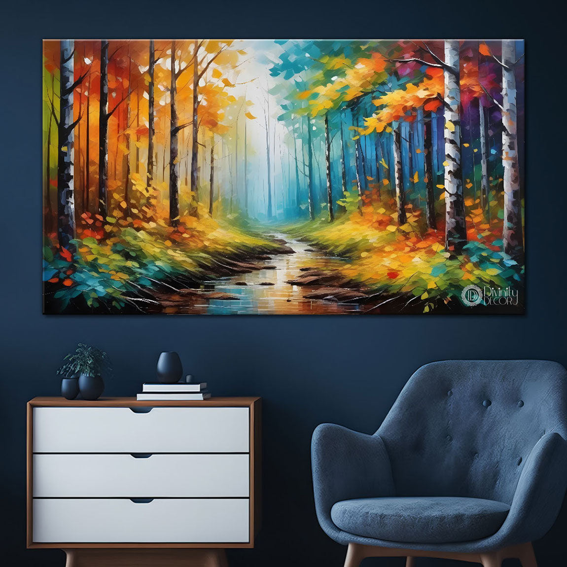 Colorful trees with lake painting Canvas Painting - Nature Art -544