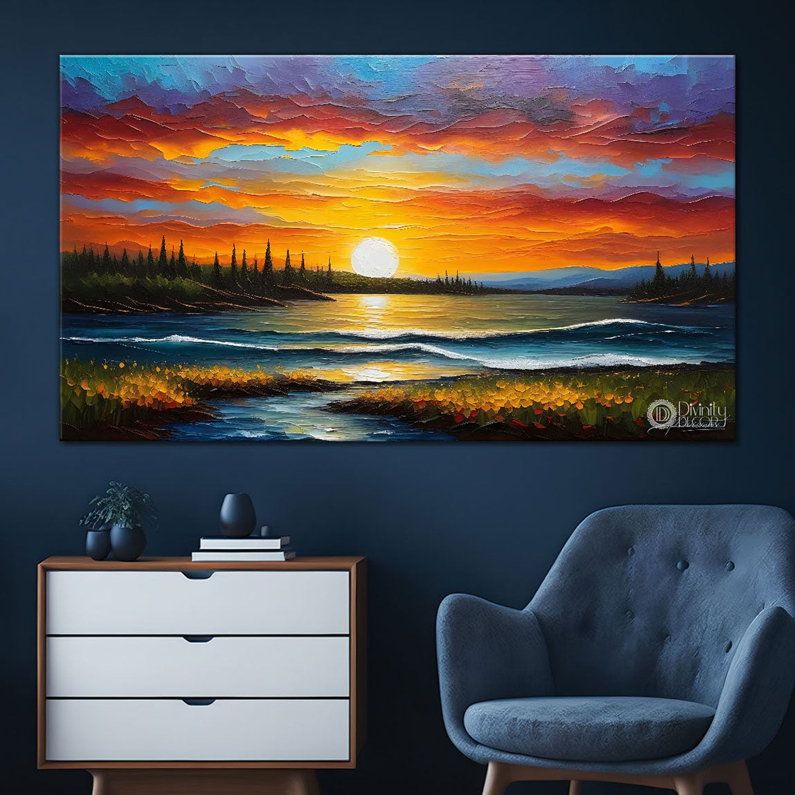 Colorful sky with lake painting Canvas Painting - Nature Art -546