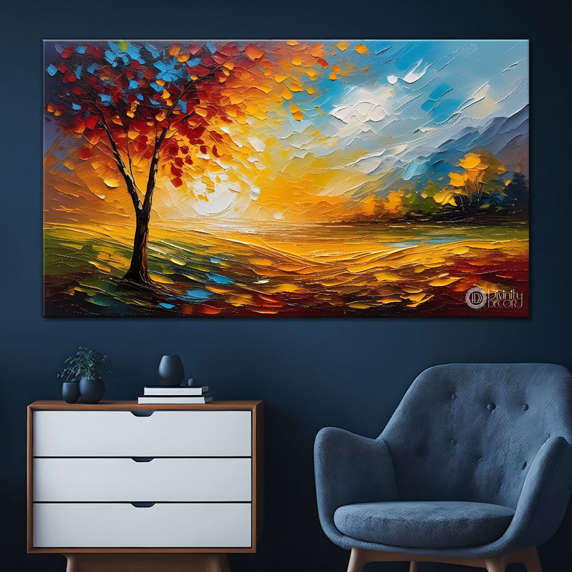 Orange tree with flowers and sunset painting Canvas Painting - Nature Art -547