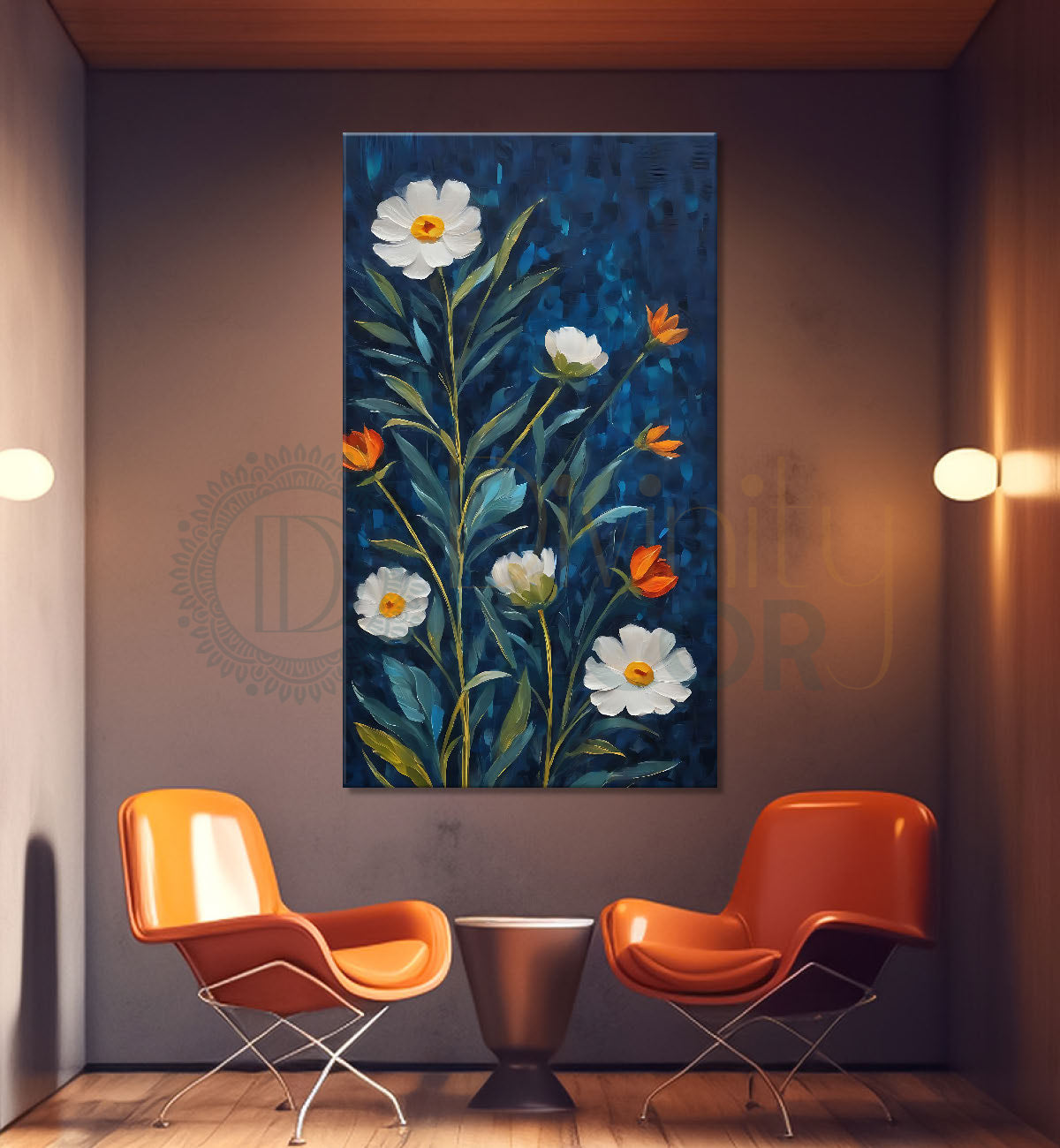 White flowers in navy blue background painting- Flower-V-547